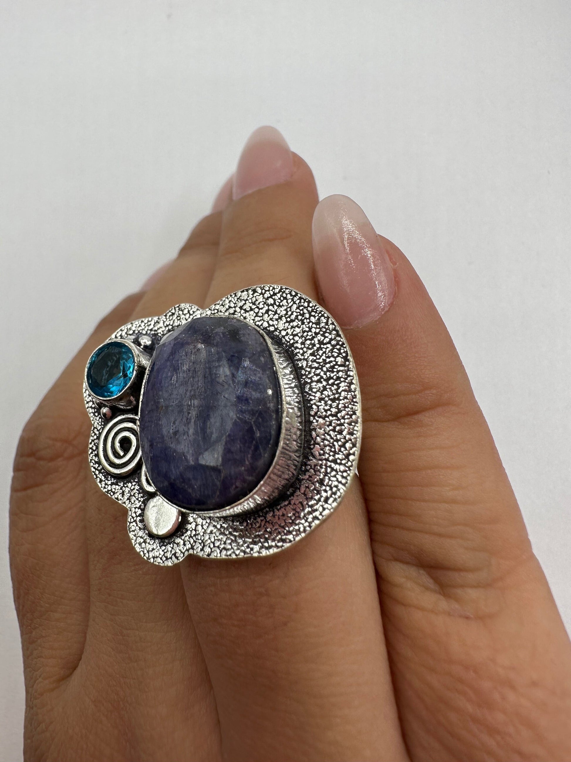 Vintage Raw Blue Sapphire White Bronze Silver Cocktail Ring