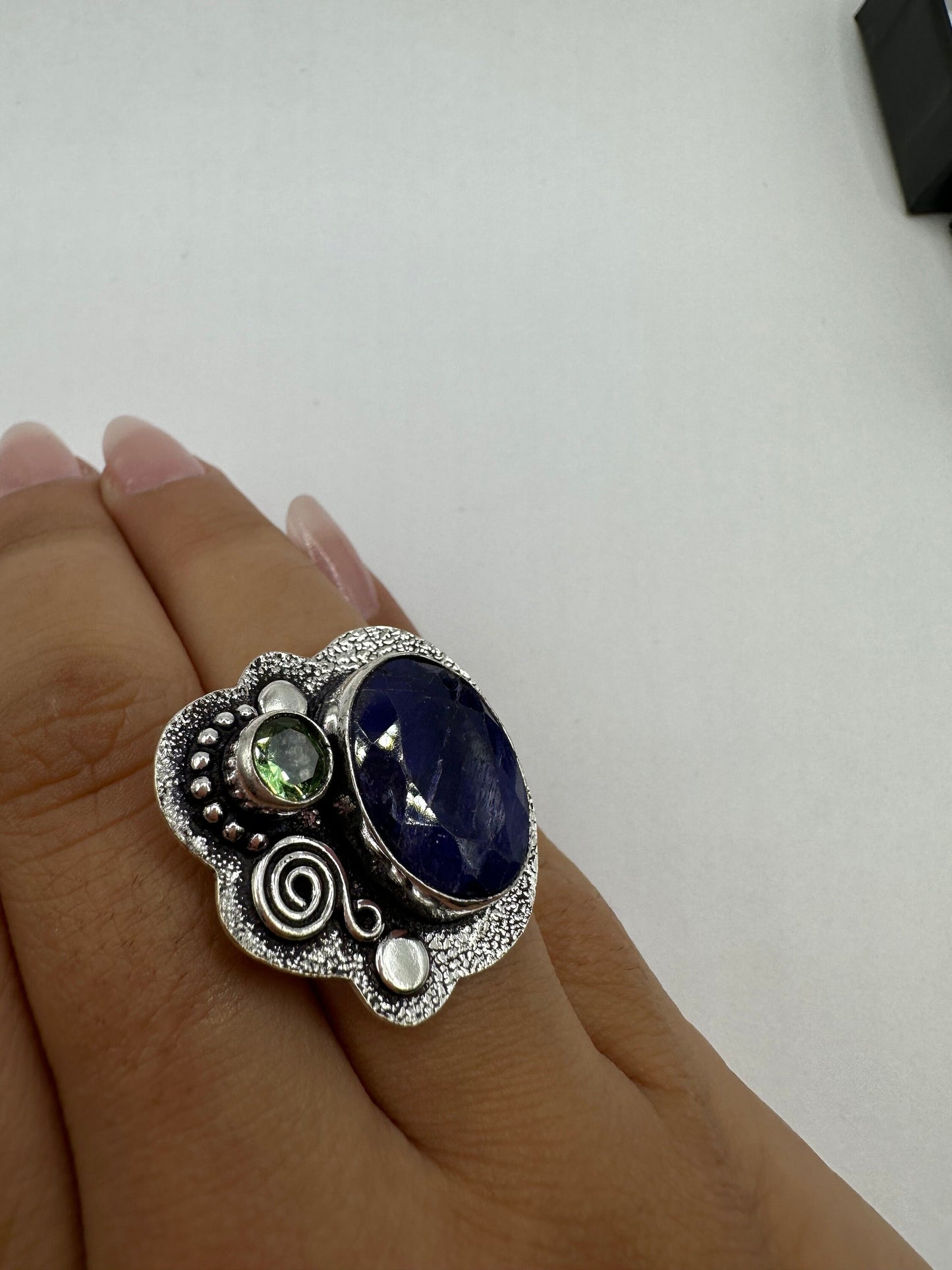 Vintage Raw Blue Sapphire White Bronze Silver Cocktail Ring