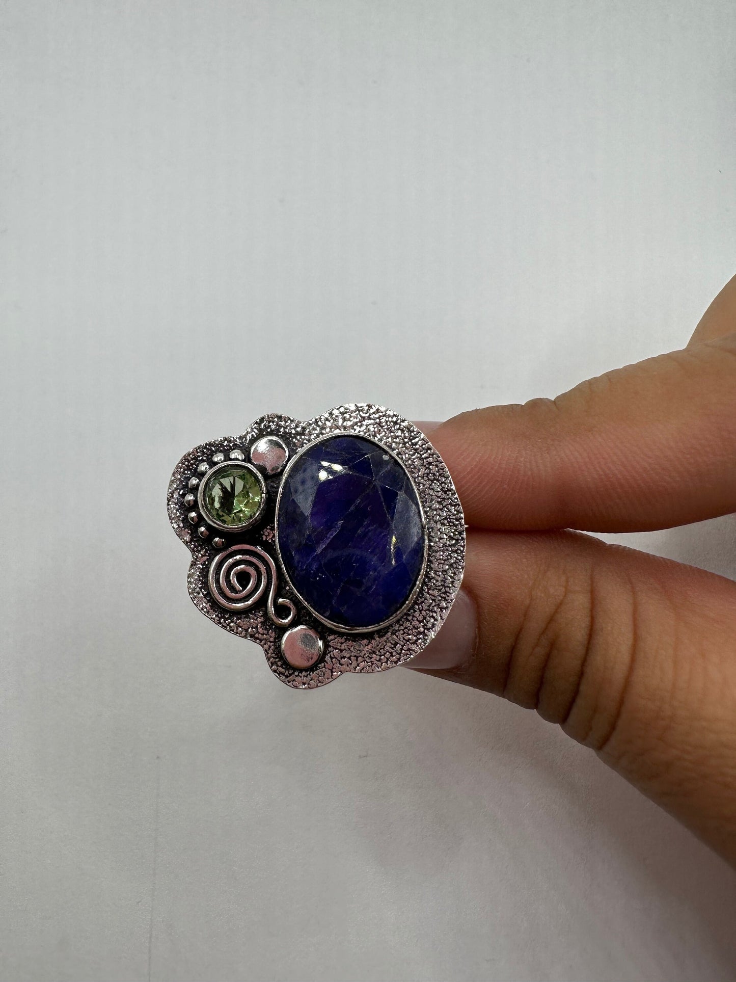 Vintage Raw Blue Sapphire White Bronze Silver Cocktail Ring