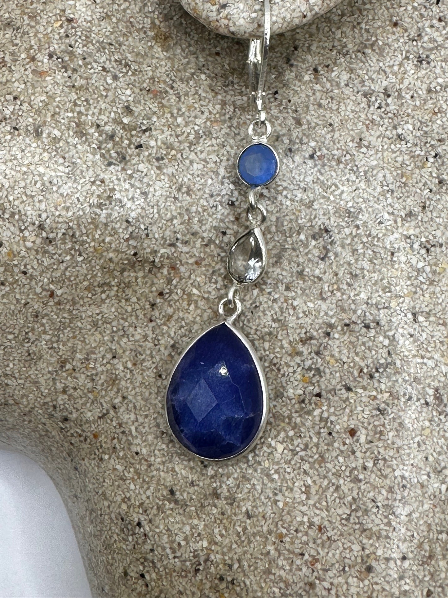 Vintage Blue Raw Sapphire Sterling Silver Lever Back Chandelier Earrings