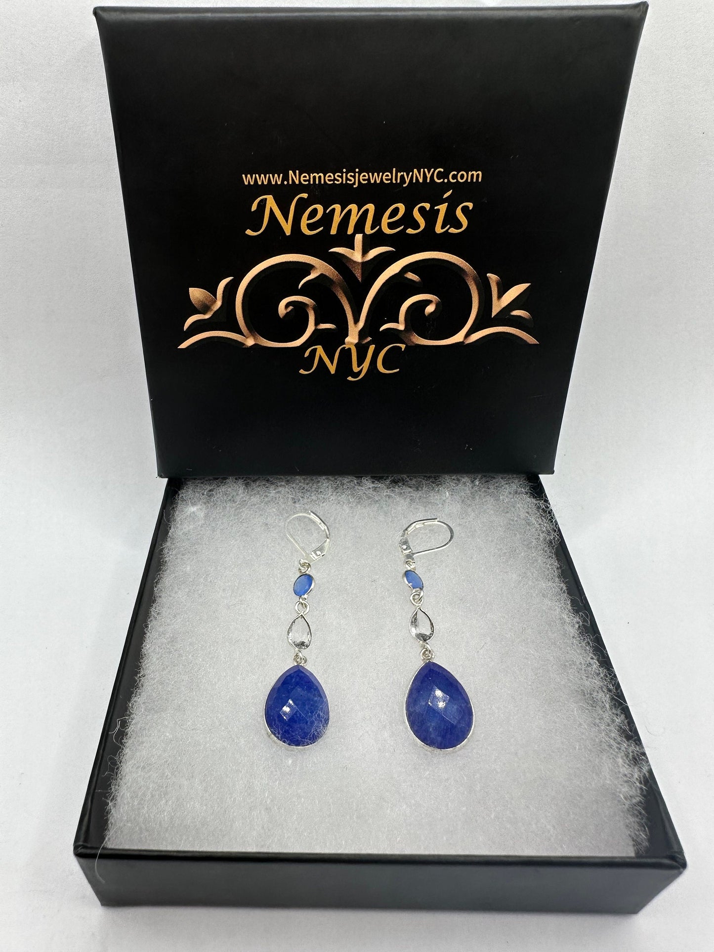 Vintage Blue Raw Sapphire Sterling Silver Lever Back Chandelier Earrings