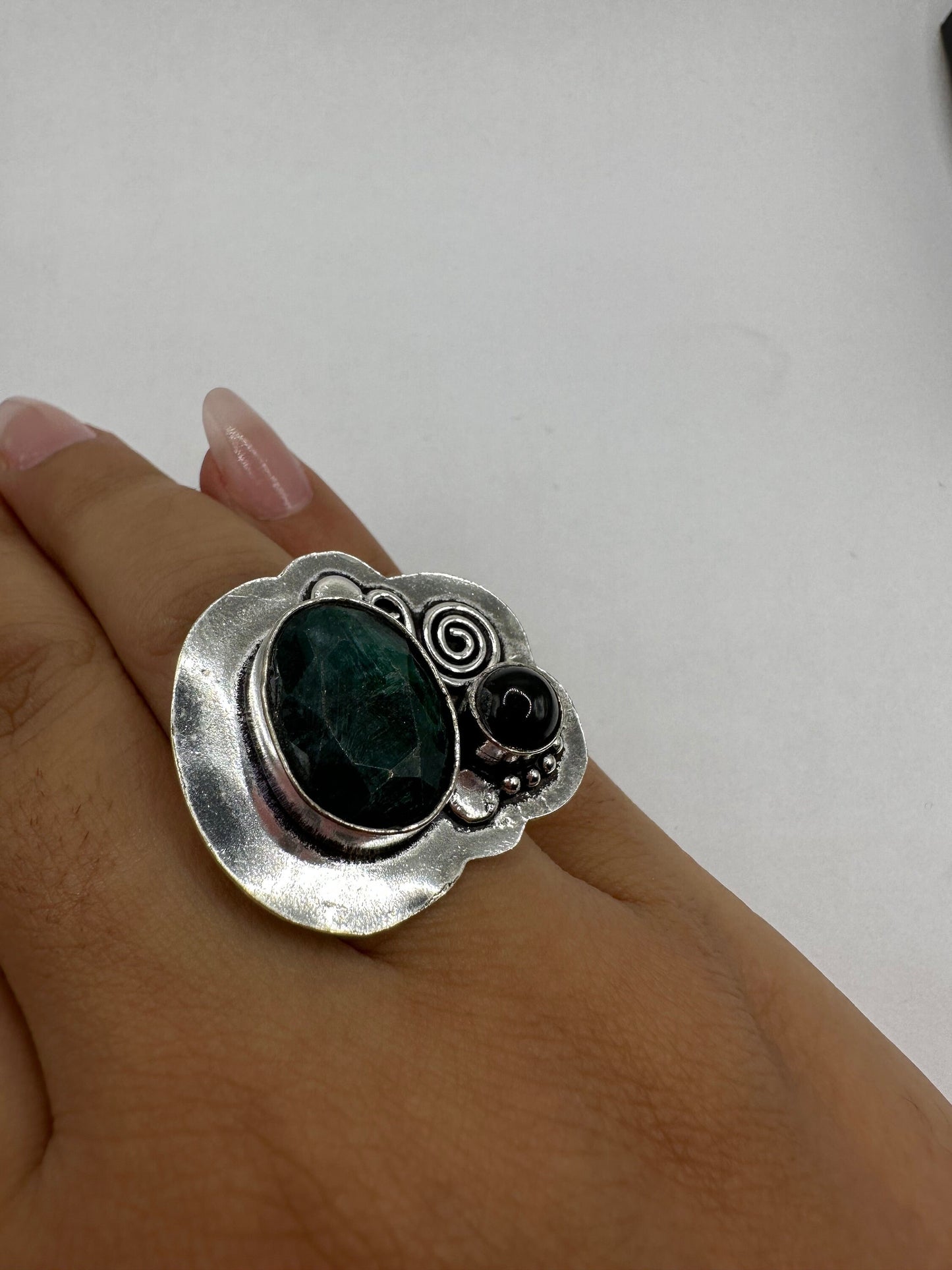 Vintage Green Raw Emerald White Bronze Statement Ring