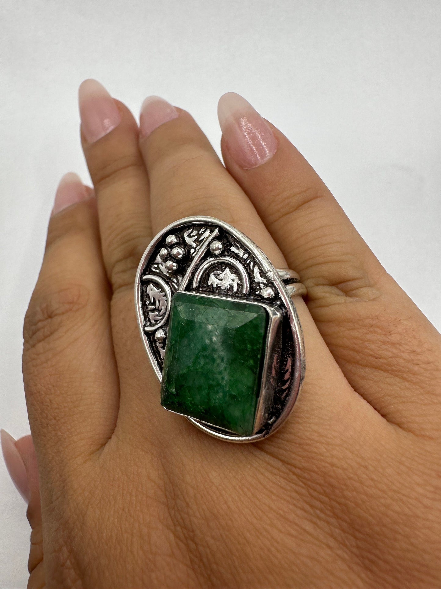 Vintage Green Raw Emerald White Bronze Statement Ring