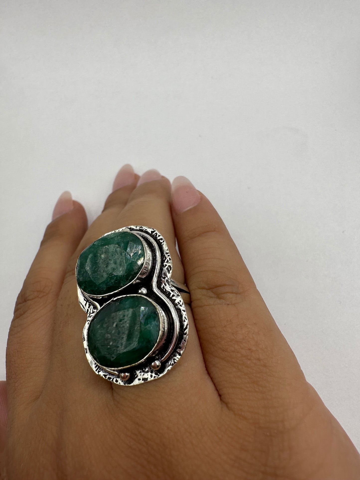 Vintage Green Raw Emerald White Bronze Statement Ring