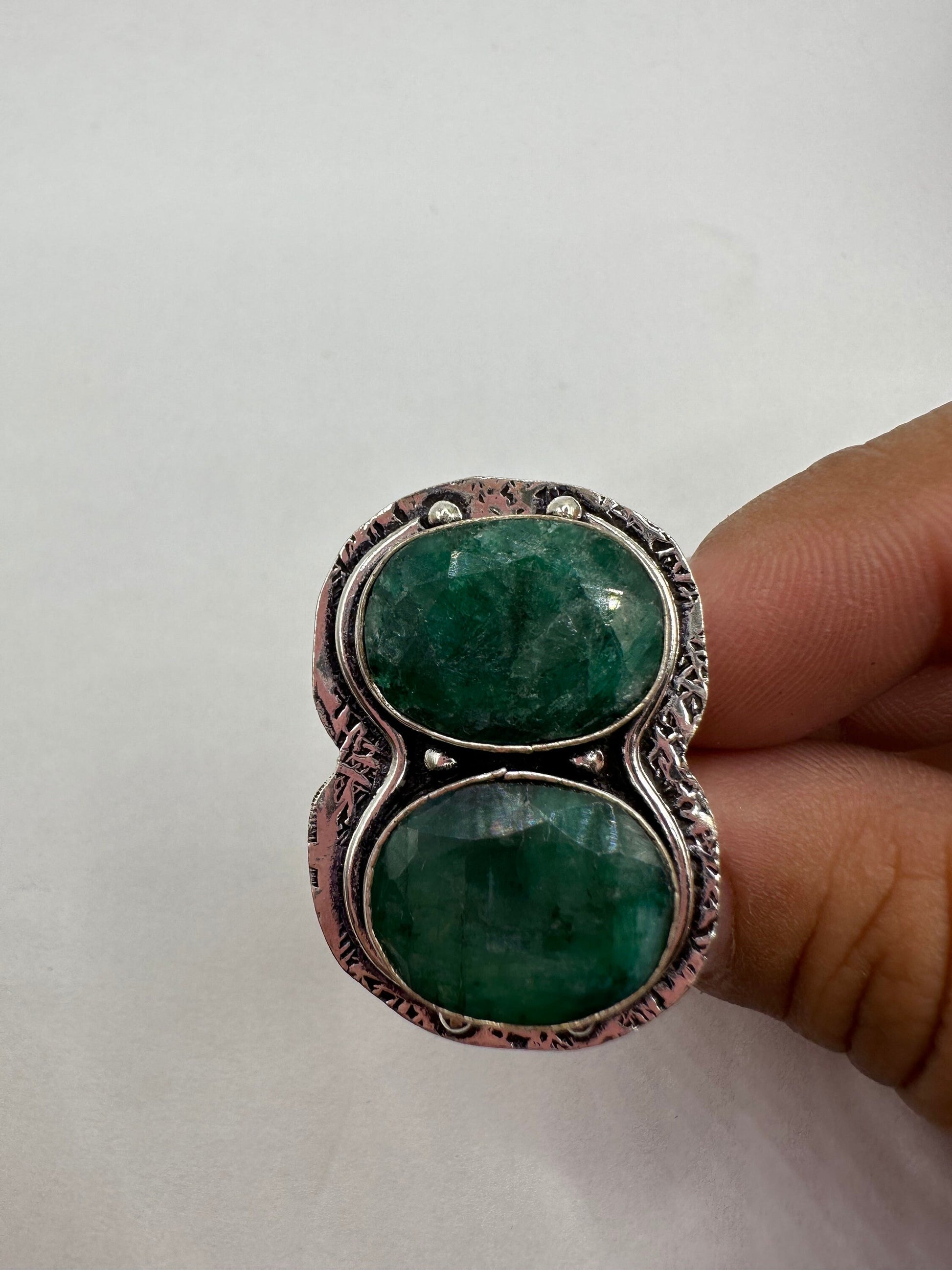 Vintage Green Raw Emerald White Bronze Statement Ring