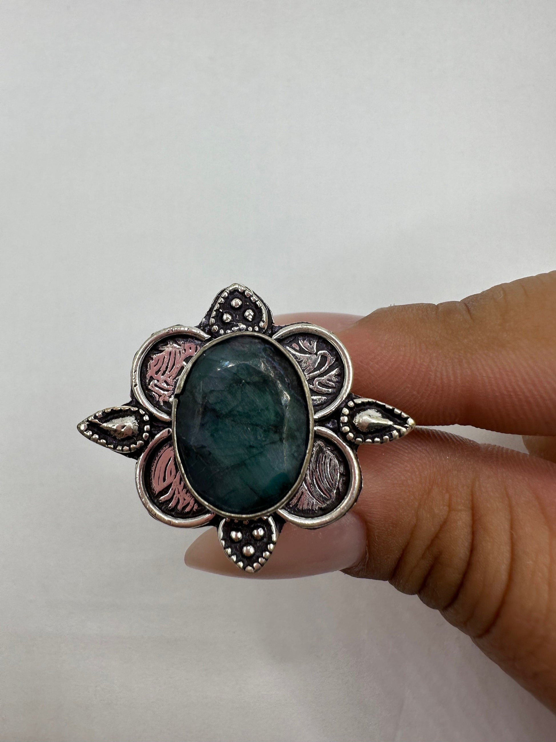 Vintage Green Raw Emerald White Bronze Statement Ring