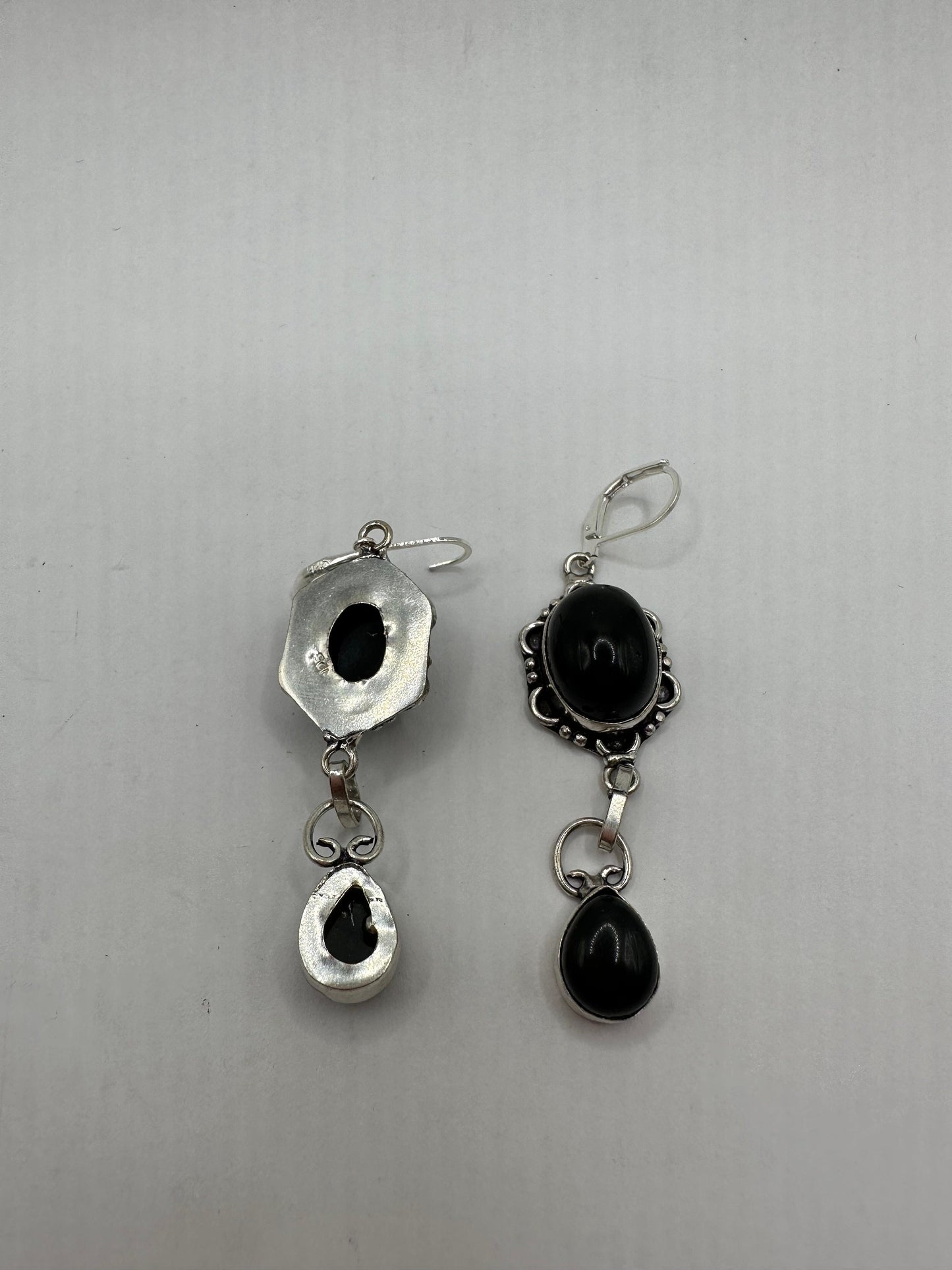 Antique Vintage Black Onyx 925 Silver Dangle LeverBack Earrings