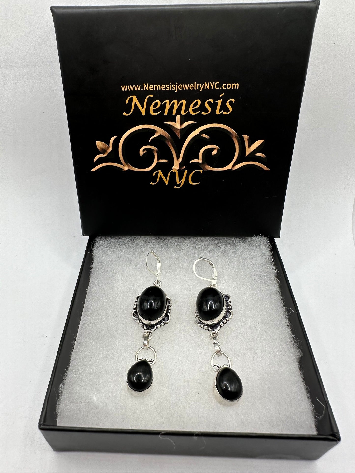 Antique Vintage Black Onyx 925 Silver Dangle LeverBack Earrings