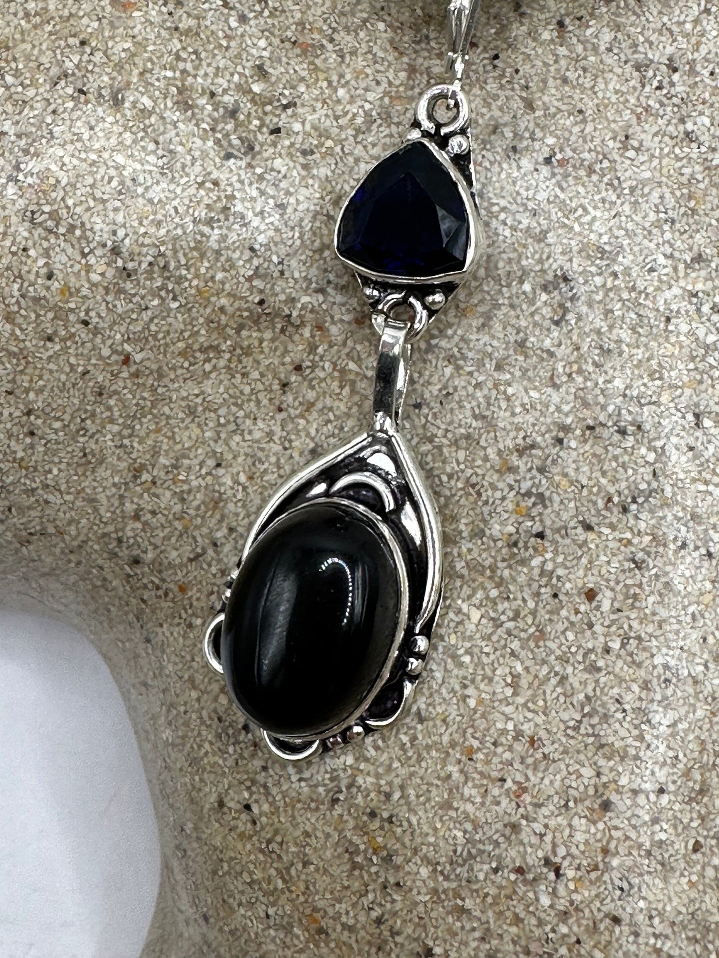 Antique Vintage Black Onyx 925 Silver Dangle LeverBack Earrings