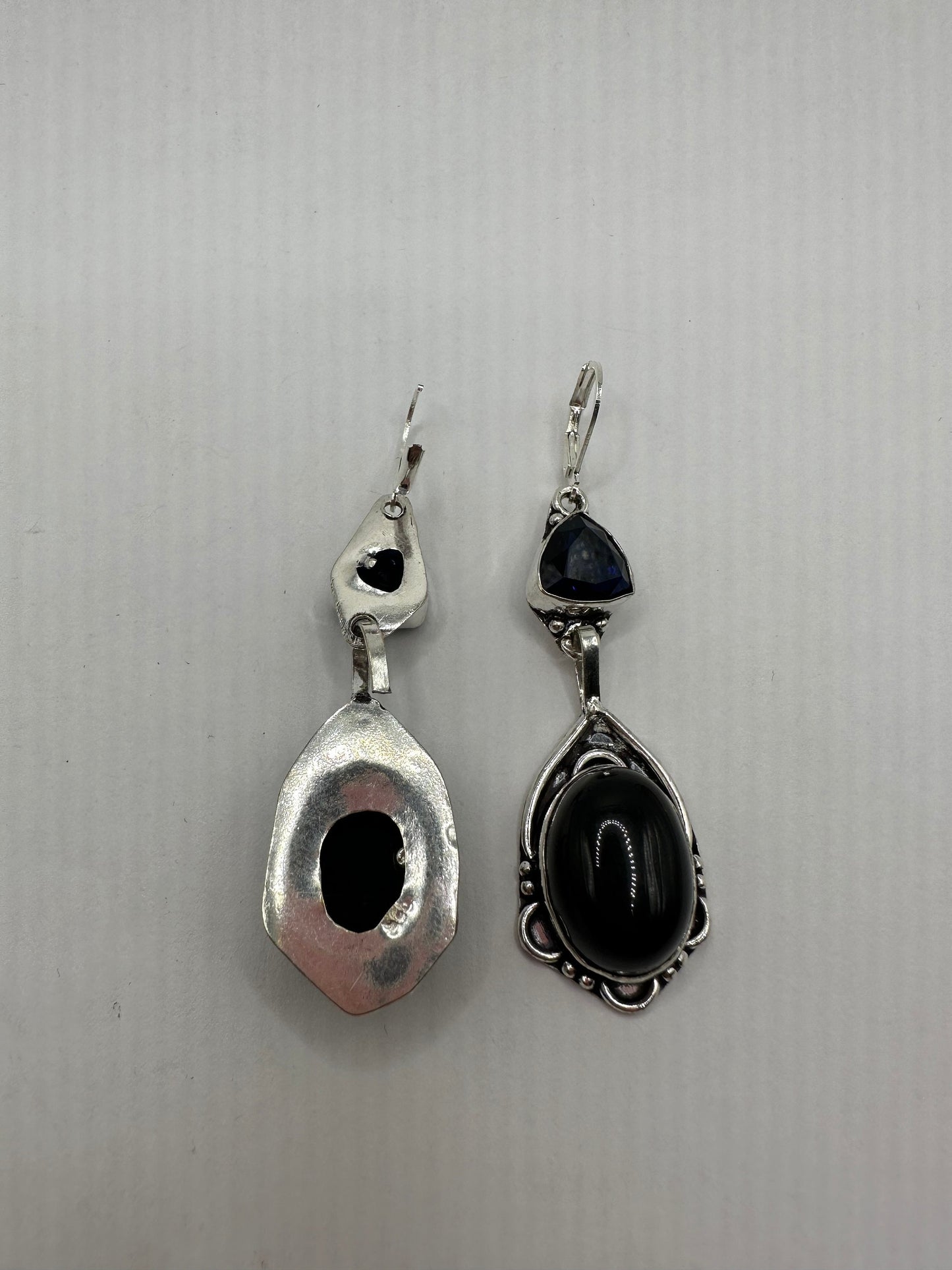 Antique Vintage Black Onyx 925 Silver Dangle LeverBack Earrings