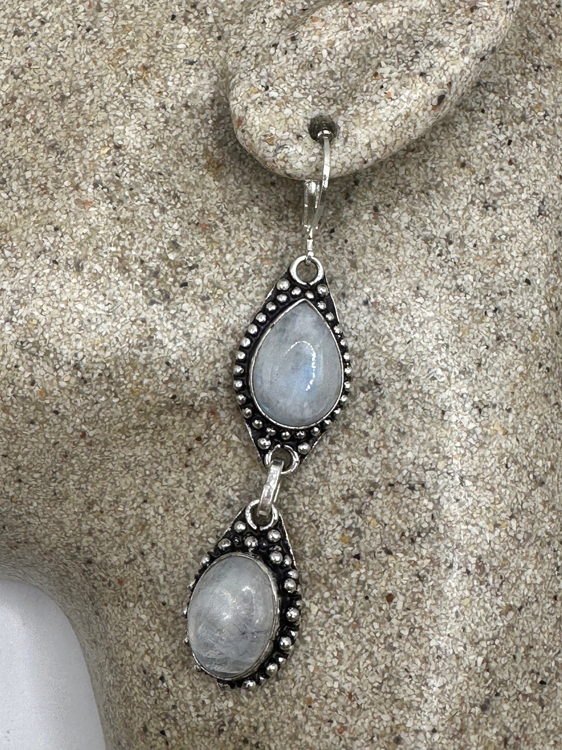 Vintage Rainbow Moonstone Silver Dangle Earrings