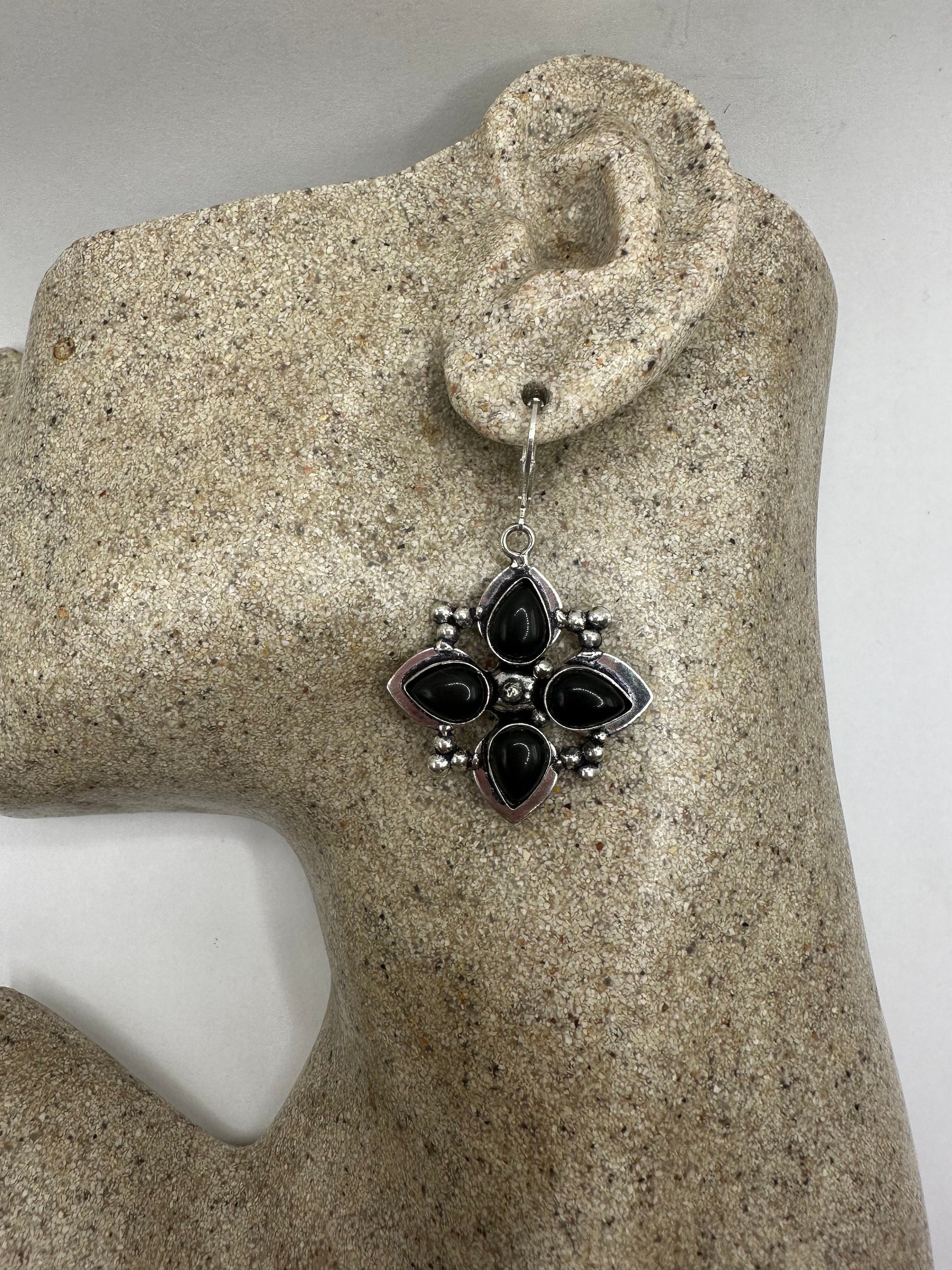 Antique Vintage Black Onyx 925 Silver Dangle LeverBack Earrings