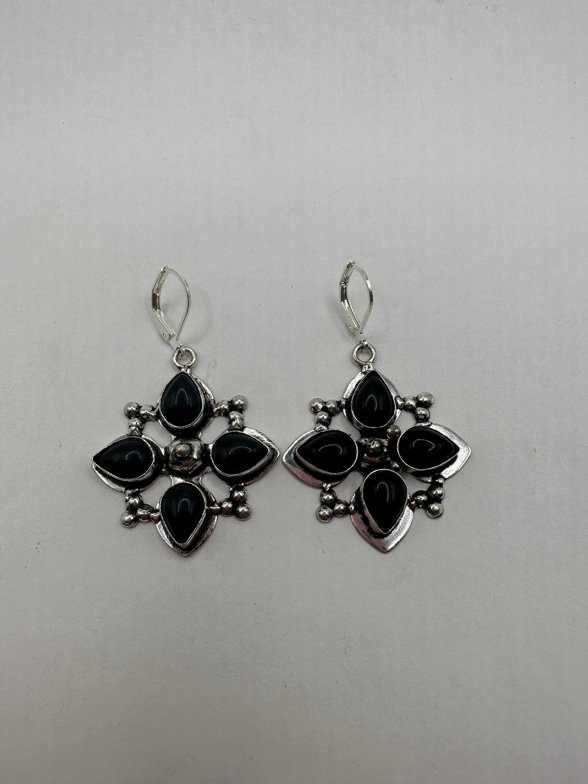 Antique Vintage Black Onyx 925 Silver Dangle LeverBack Earrings