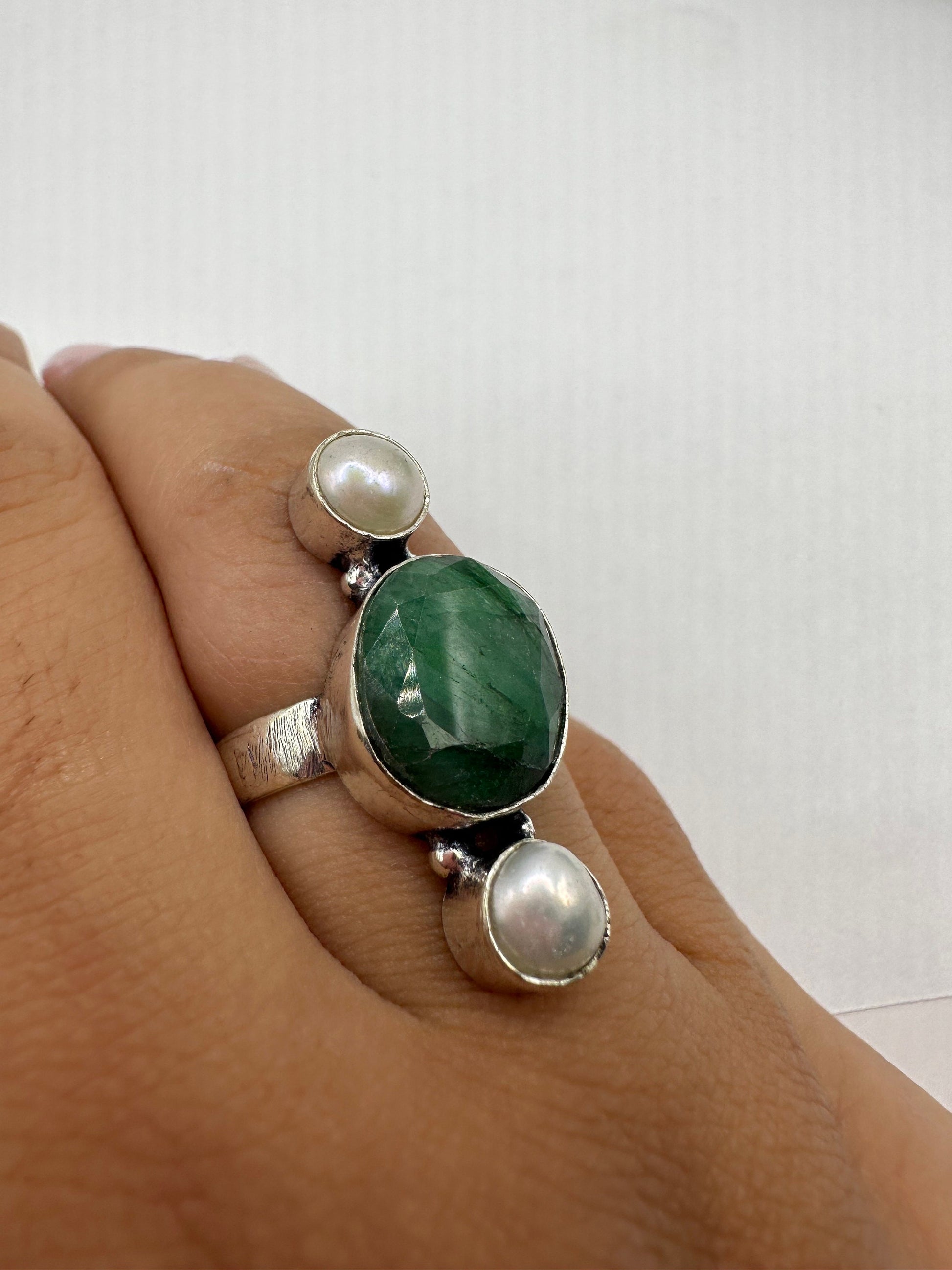 Vintage Green Raw Emerald White Bronze Statement Ring