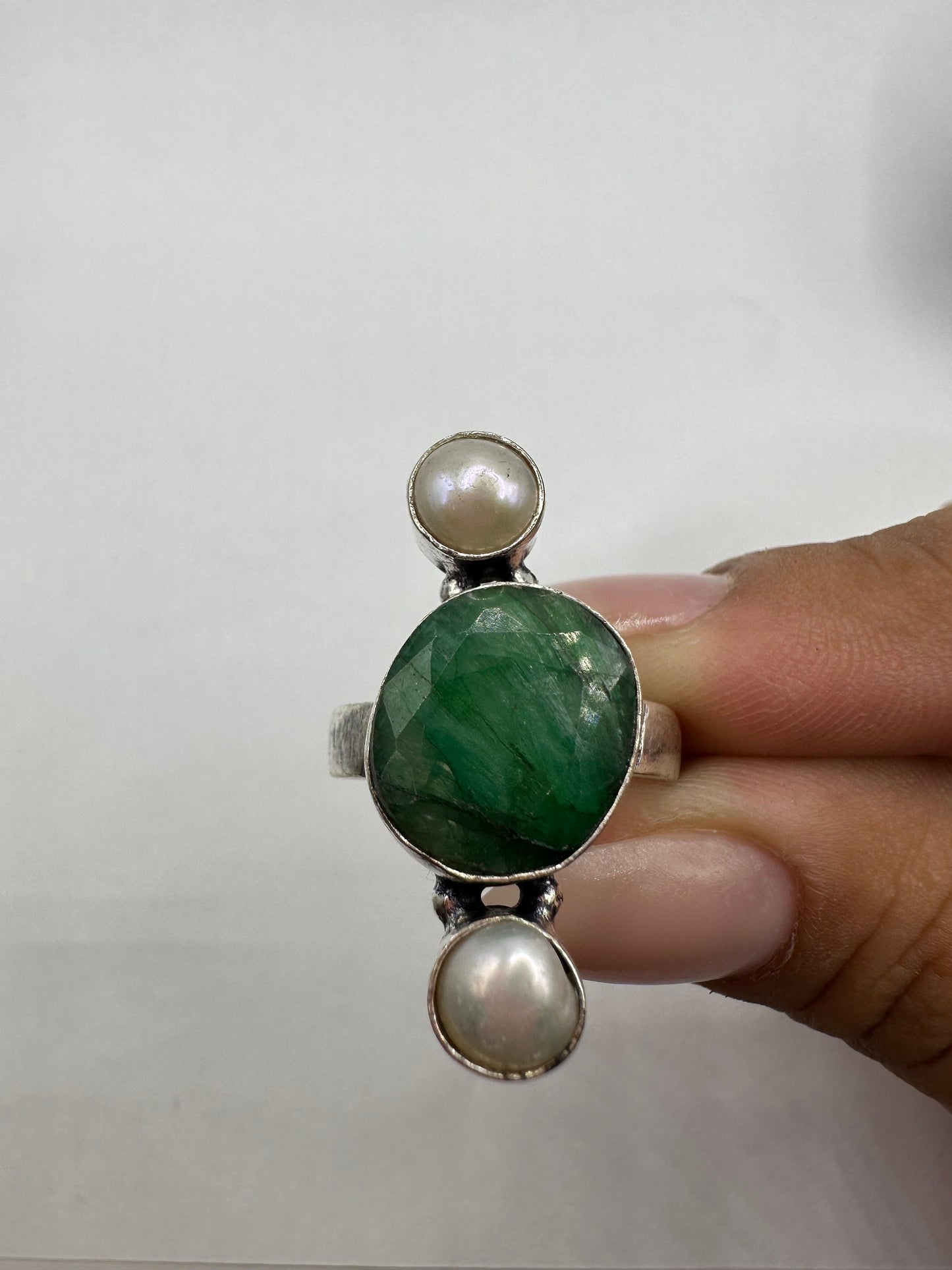 Vintage Green Raw Emerald White Bronze Statement Ring