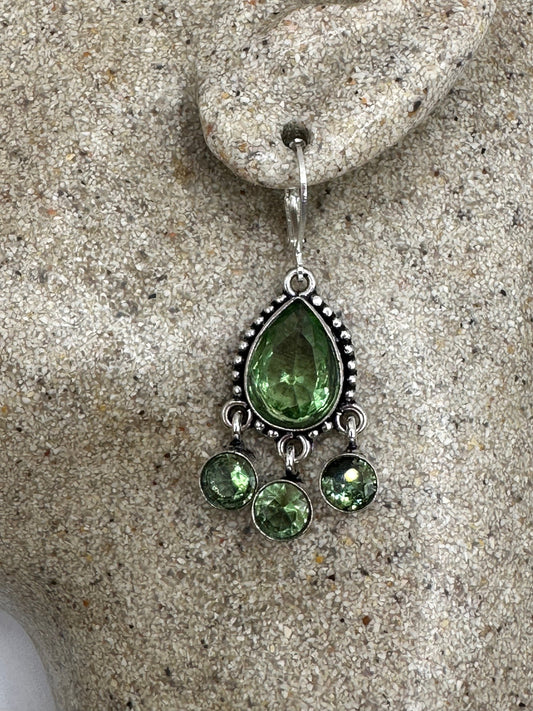 Antique Vintage Green Glass Silver Dangle Earrings