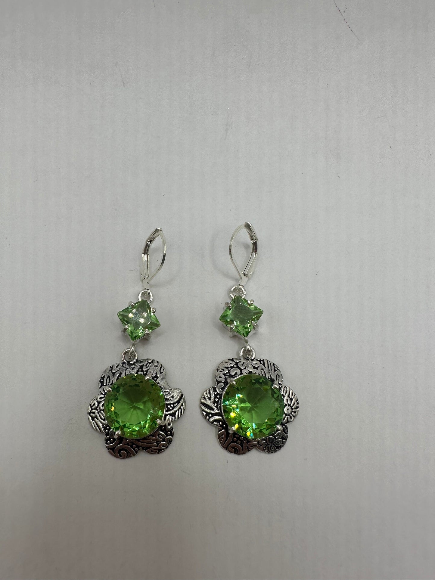 Antique Vintage Green Glass Silver Dangle Earrings