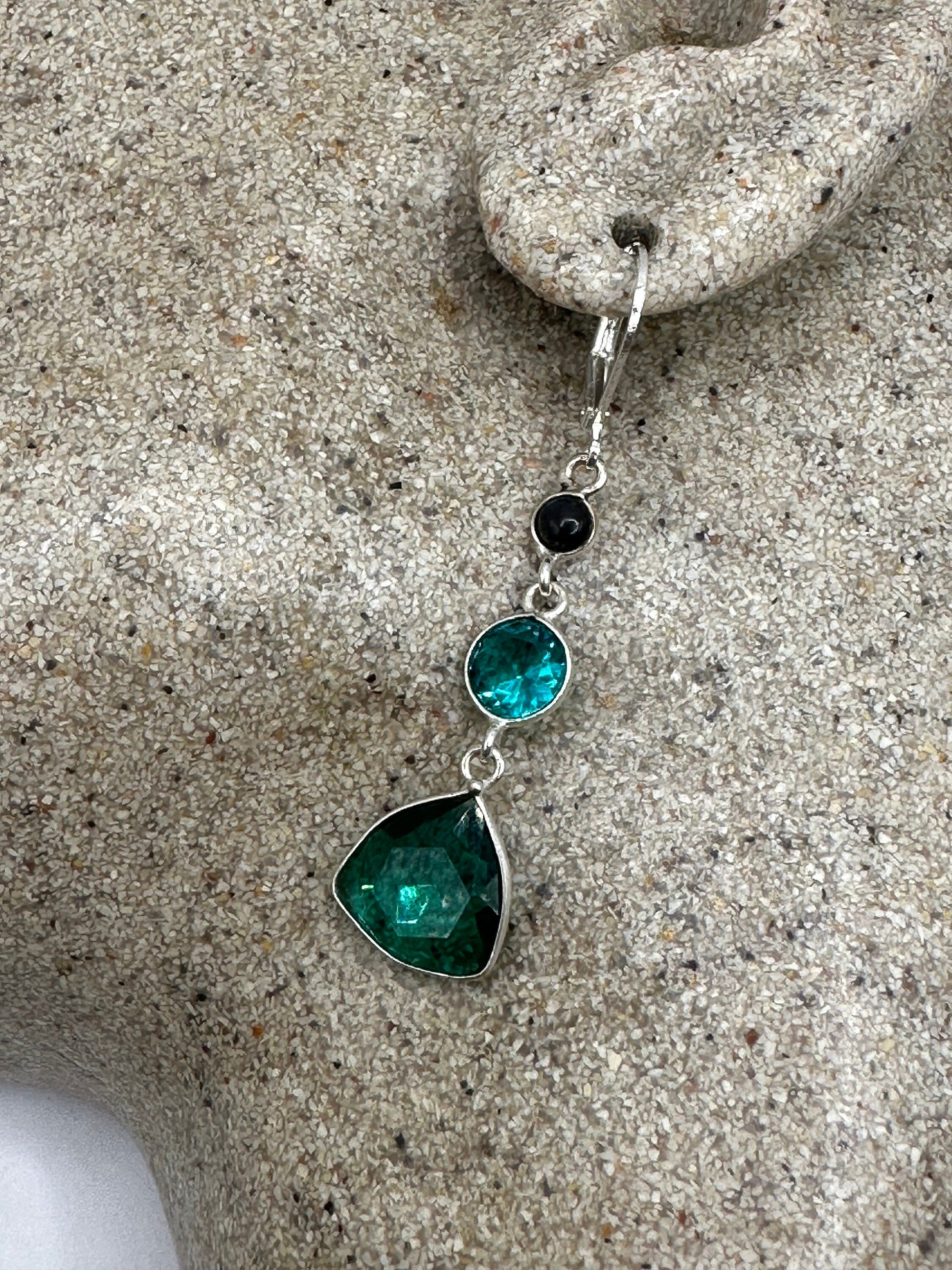 Antique Vintage Green Glass Silver Dangle Earrings