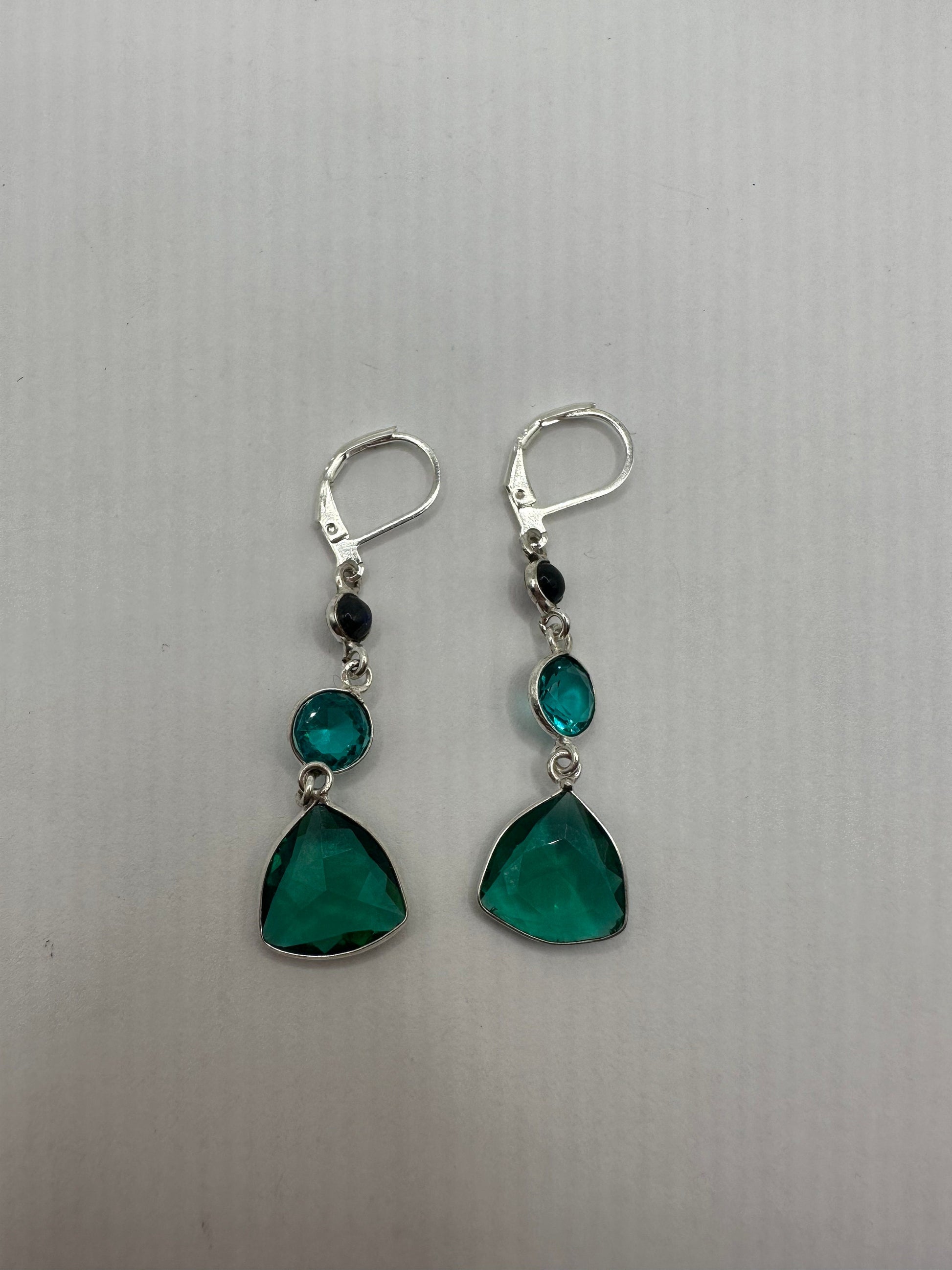 Antique Vintage Green Glass Silver Dangle Earrings