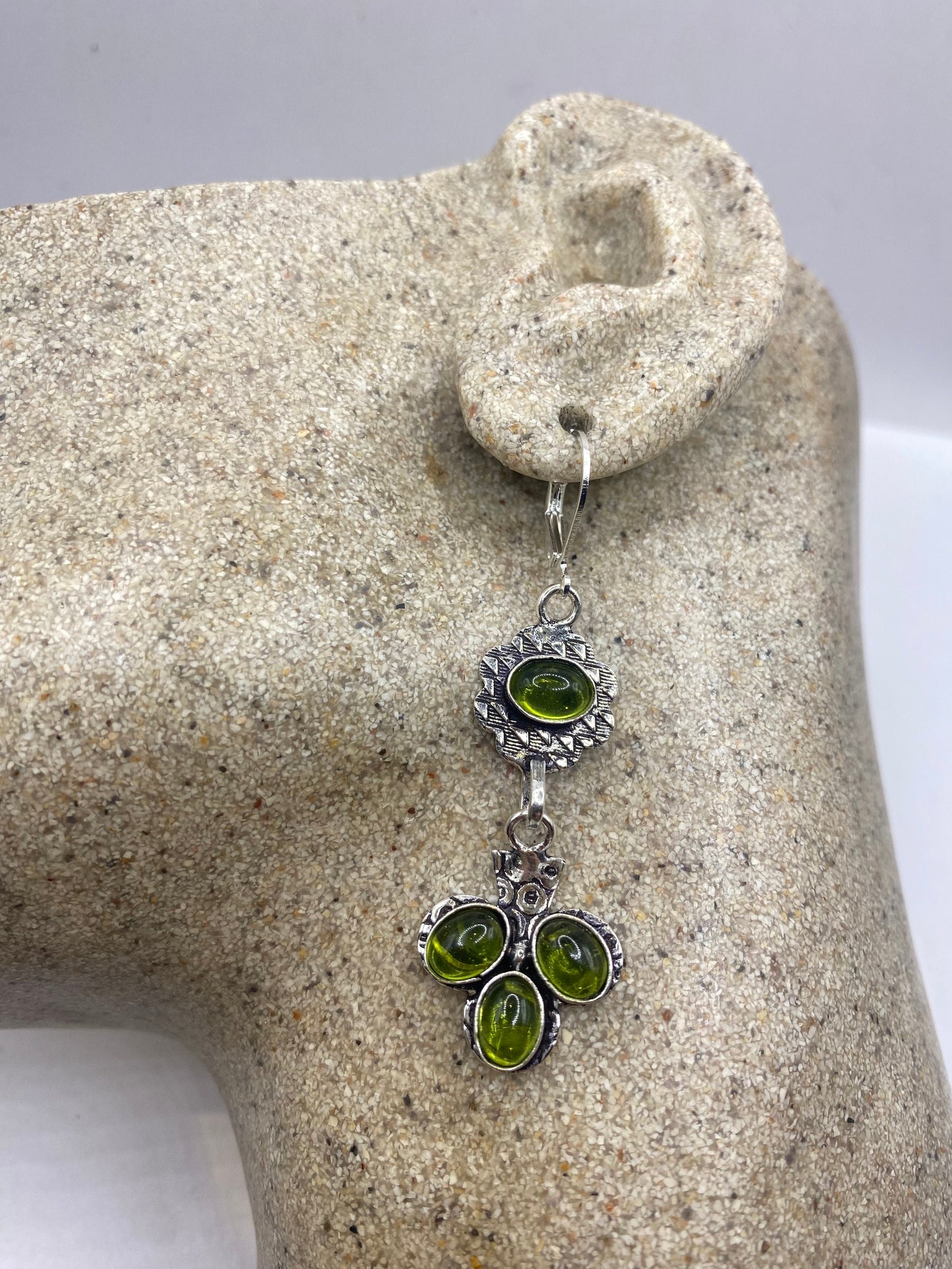 Antique Vintage Green Peridot Silver Dangle Earrings