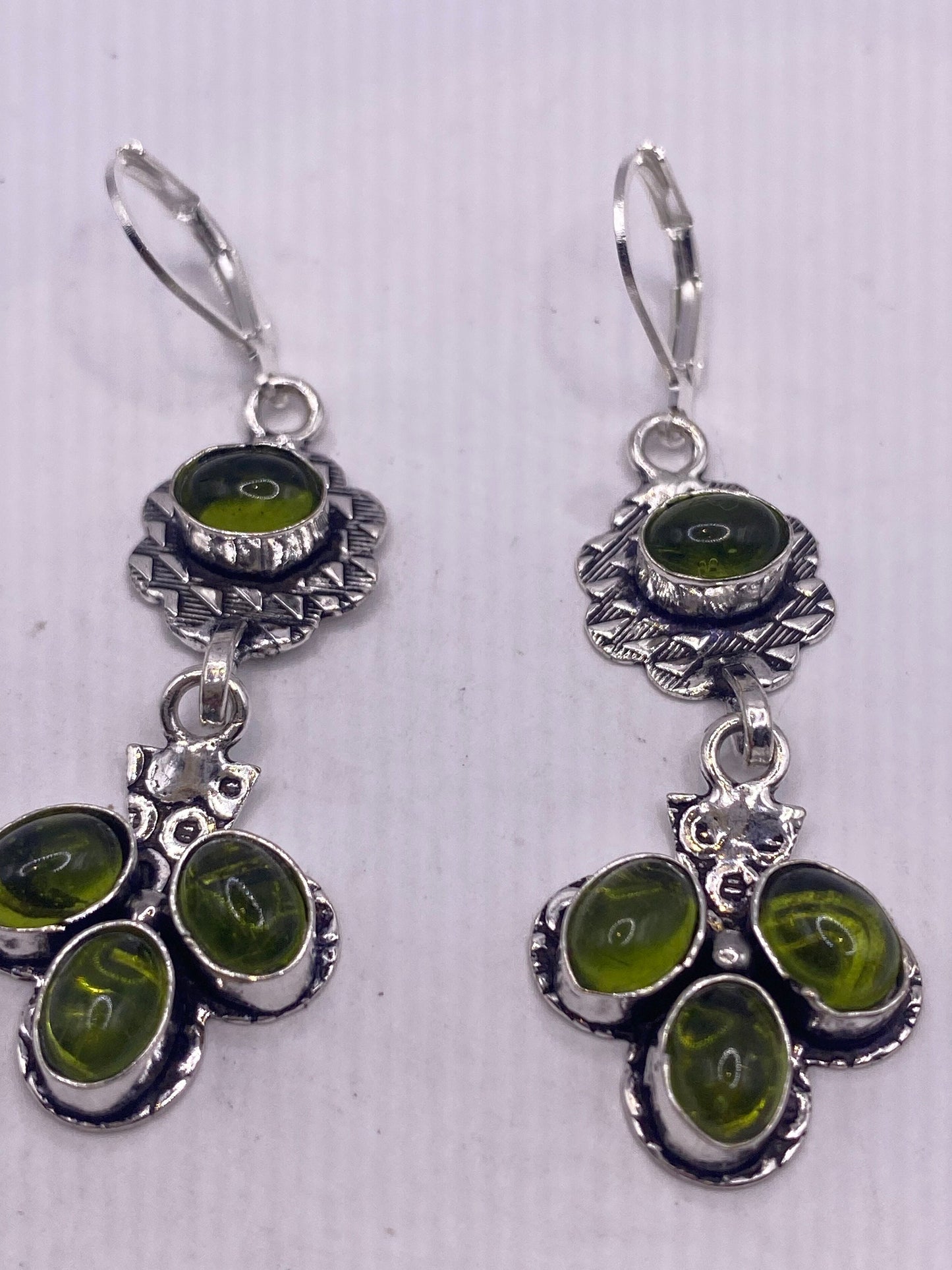 Antique Vintage Green Peridot Silver Dangle Earrings