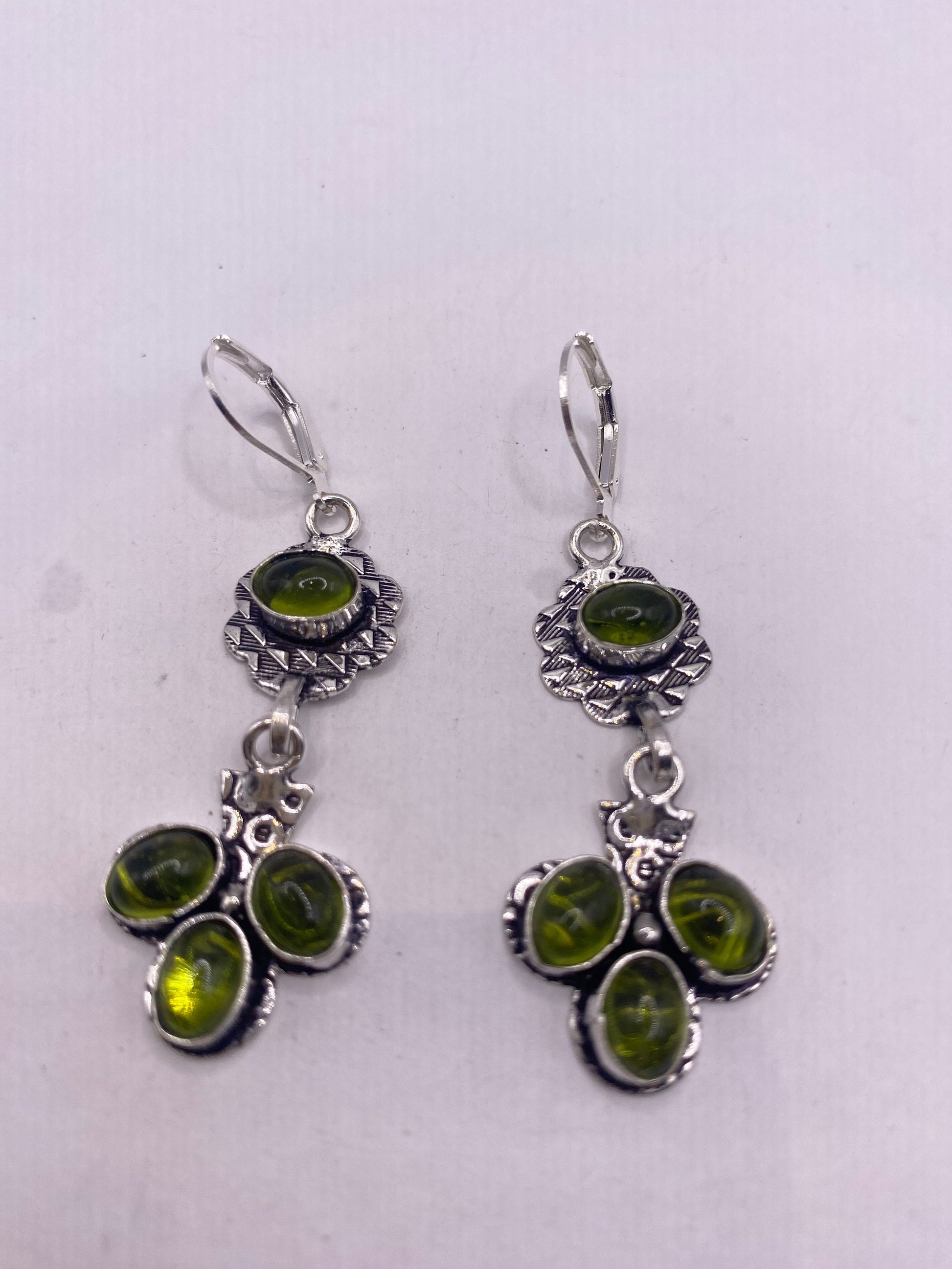 Antique Vintage Green Peridot Silver Dangle Earrings