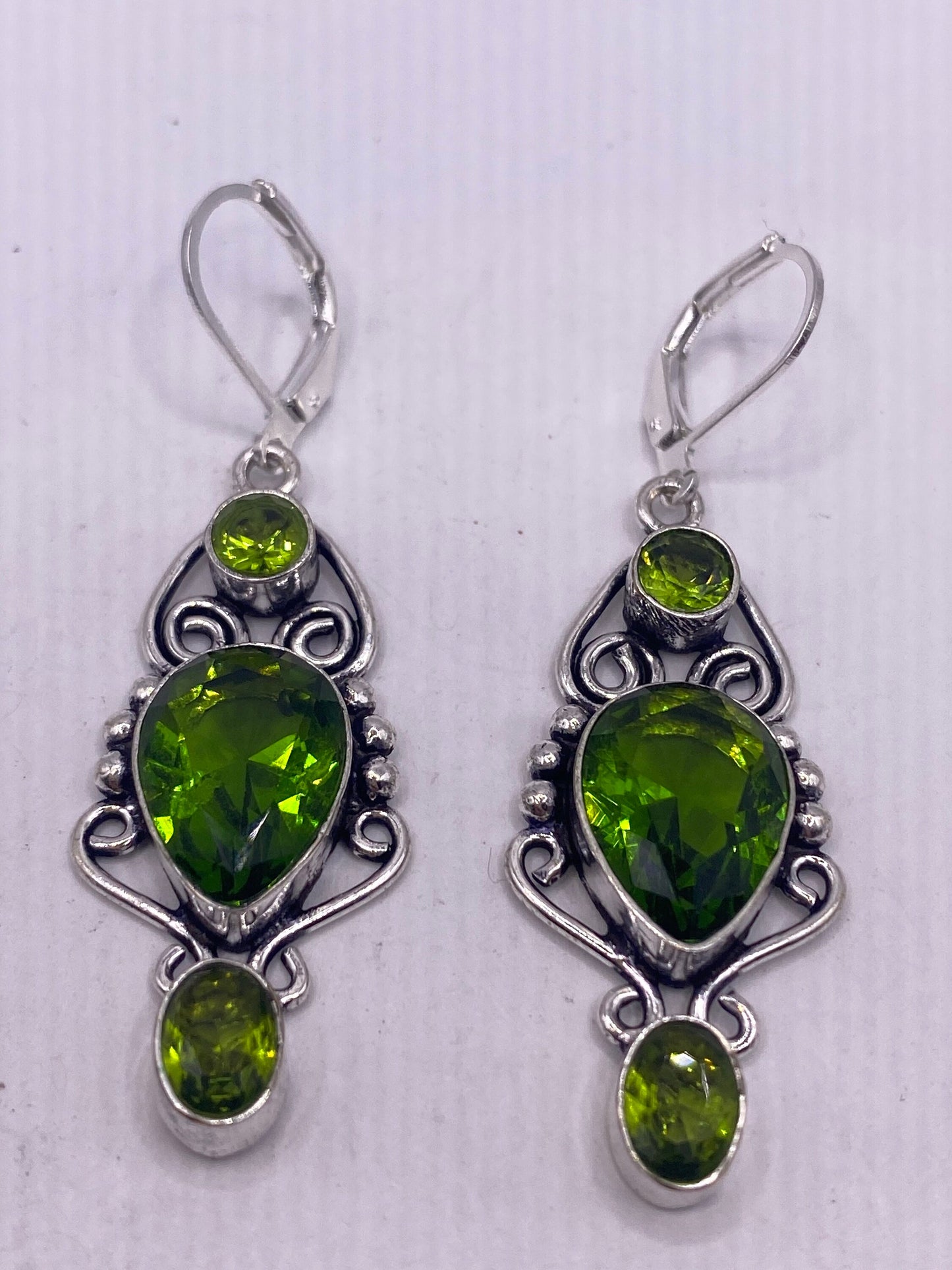 Antique Vintage Green Peridot Silver Dangle Earrings