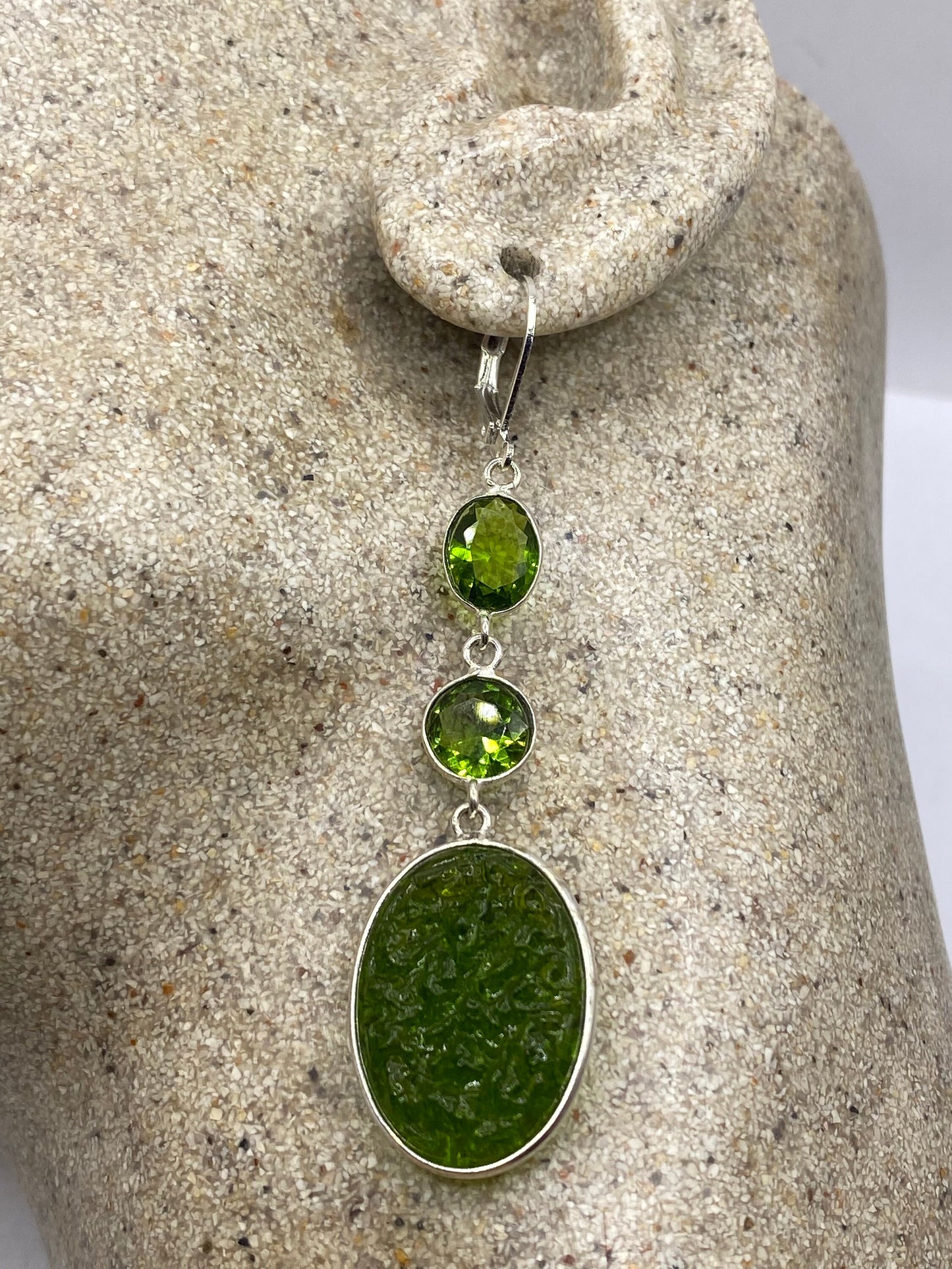 Antique Vintage Green Peridot Silver Dangle Earrings