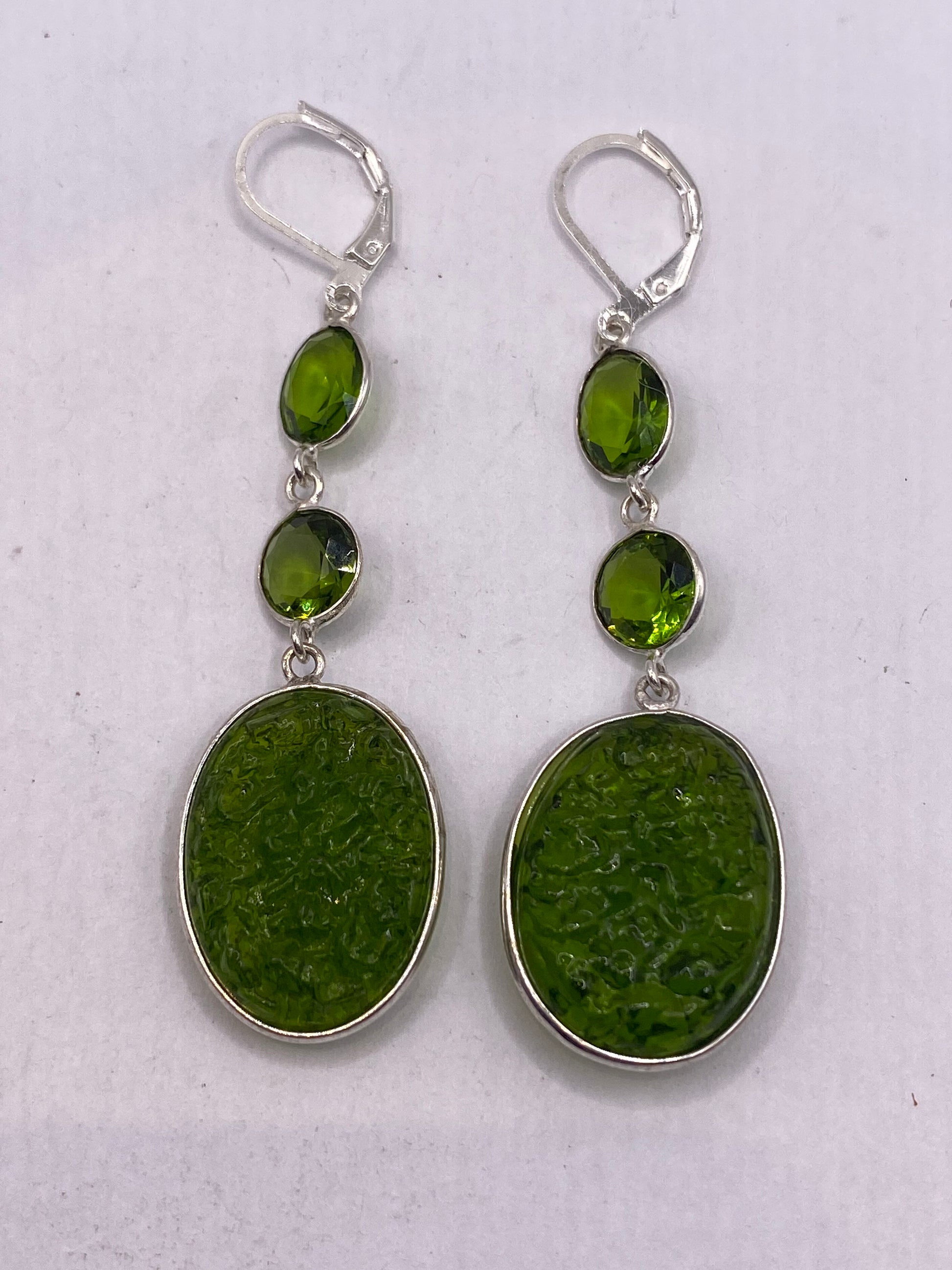 Antique Vintage Green Peridot Silver Dangle Earrings