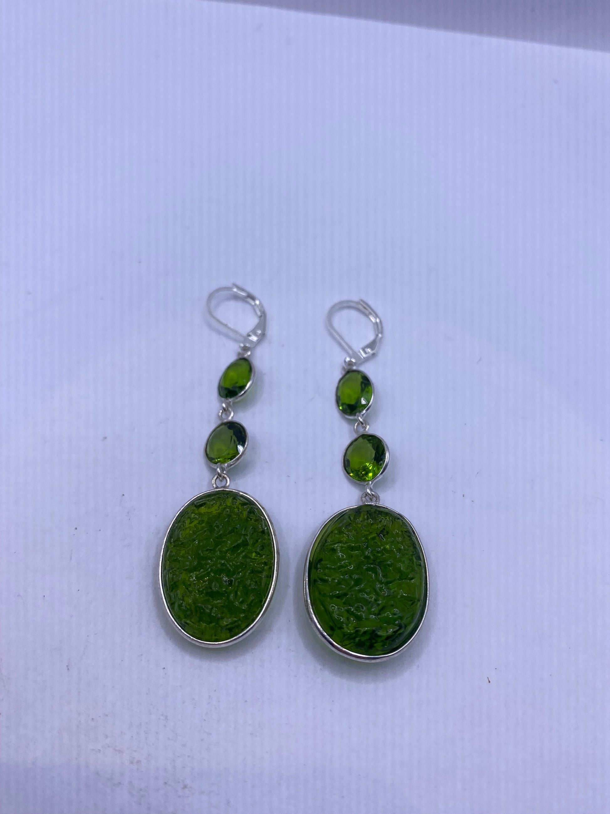 Antique Vintage Green Peridot Silver Dangle Earrings