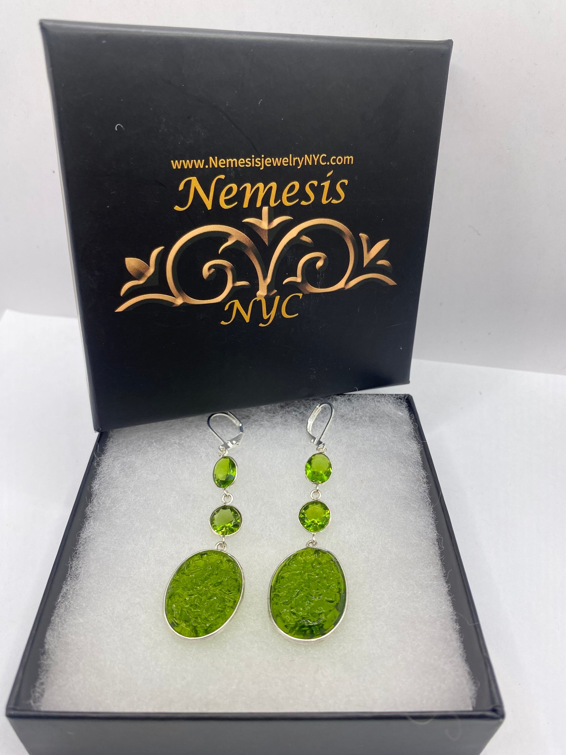 Antique Vintage Green Peridot Silver Dangle Earrings