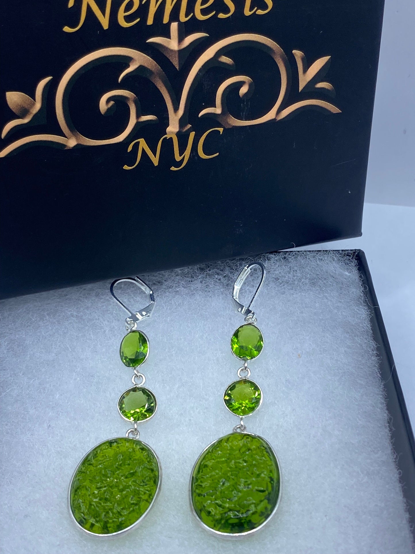 Antique Vintage Green Peridot Silver Dangle Earrings