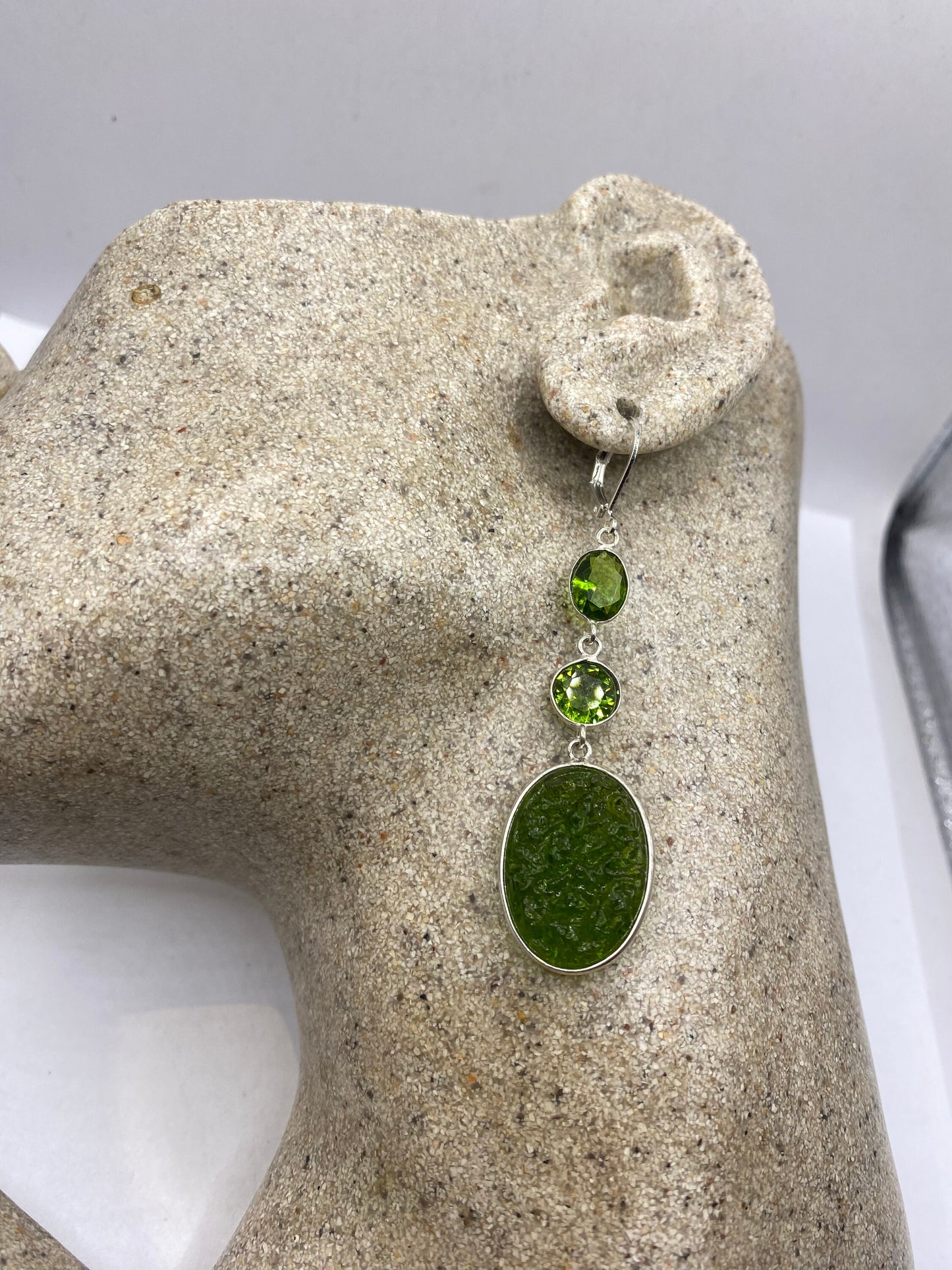 Antique Vintage Green Peridot Silver Dangle Earrings