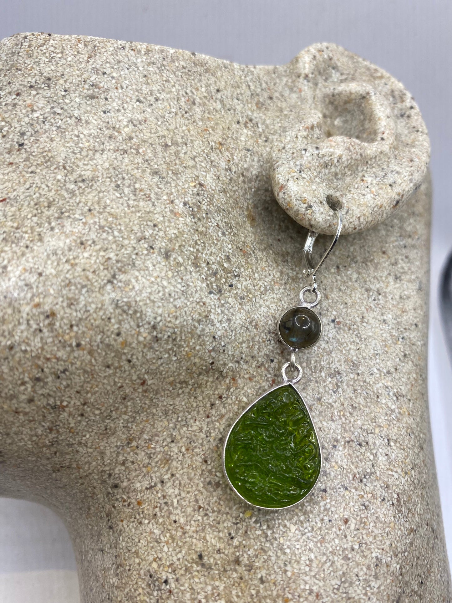 Antique Vintage Green Peridot Silver Dangle Earrings