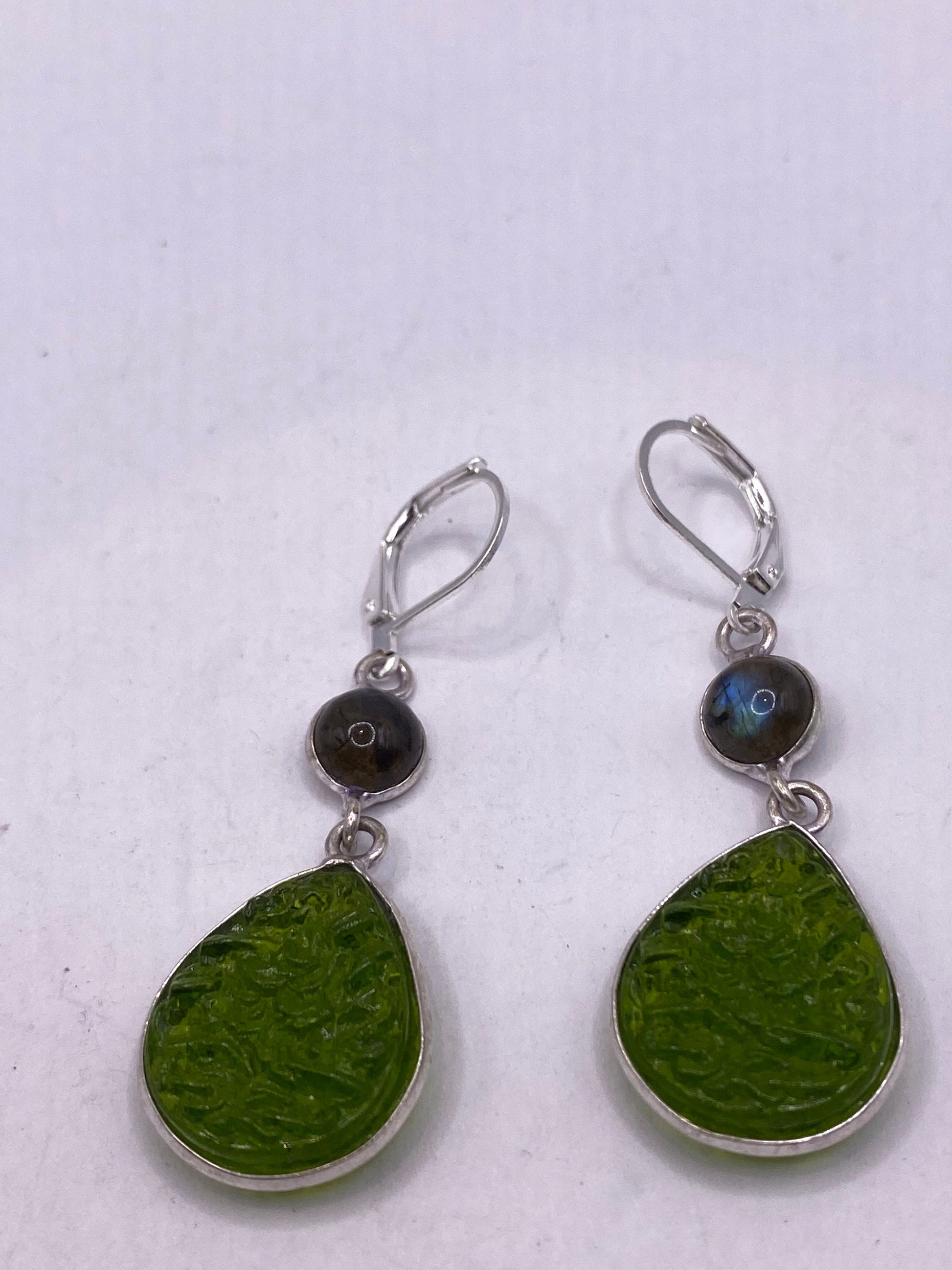 Antique Vintage Green Peridot Silver Dangle Earrings