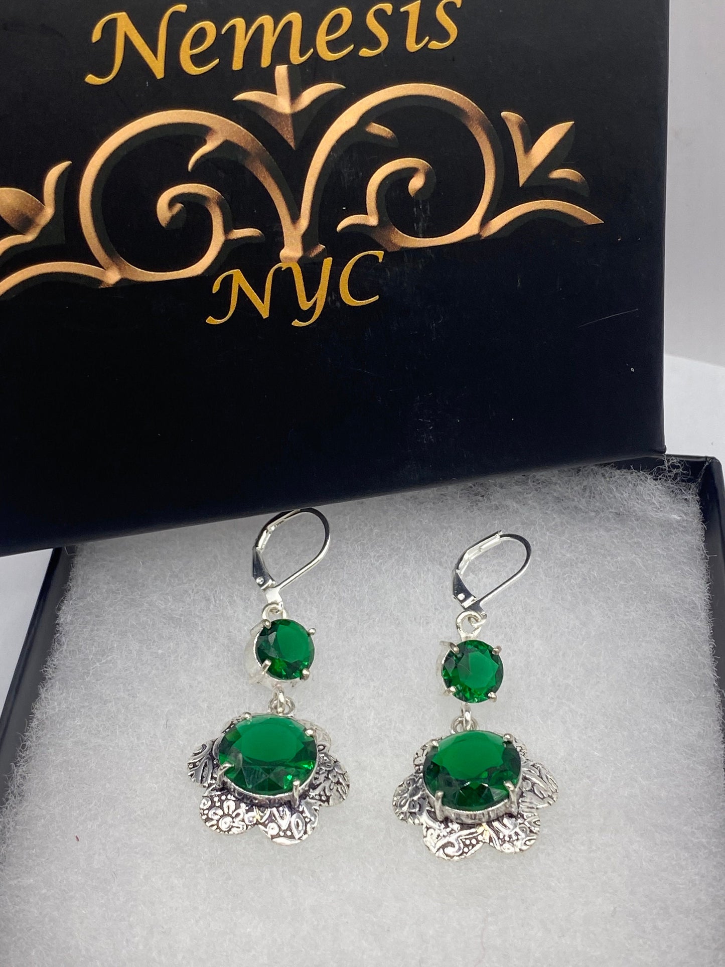 Antique Vintage Green Glass Silver Dangle Earrings