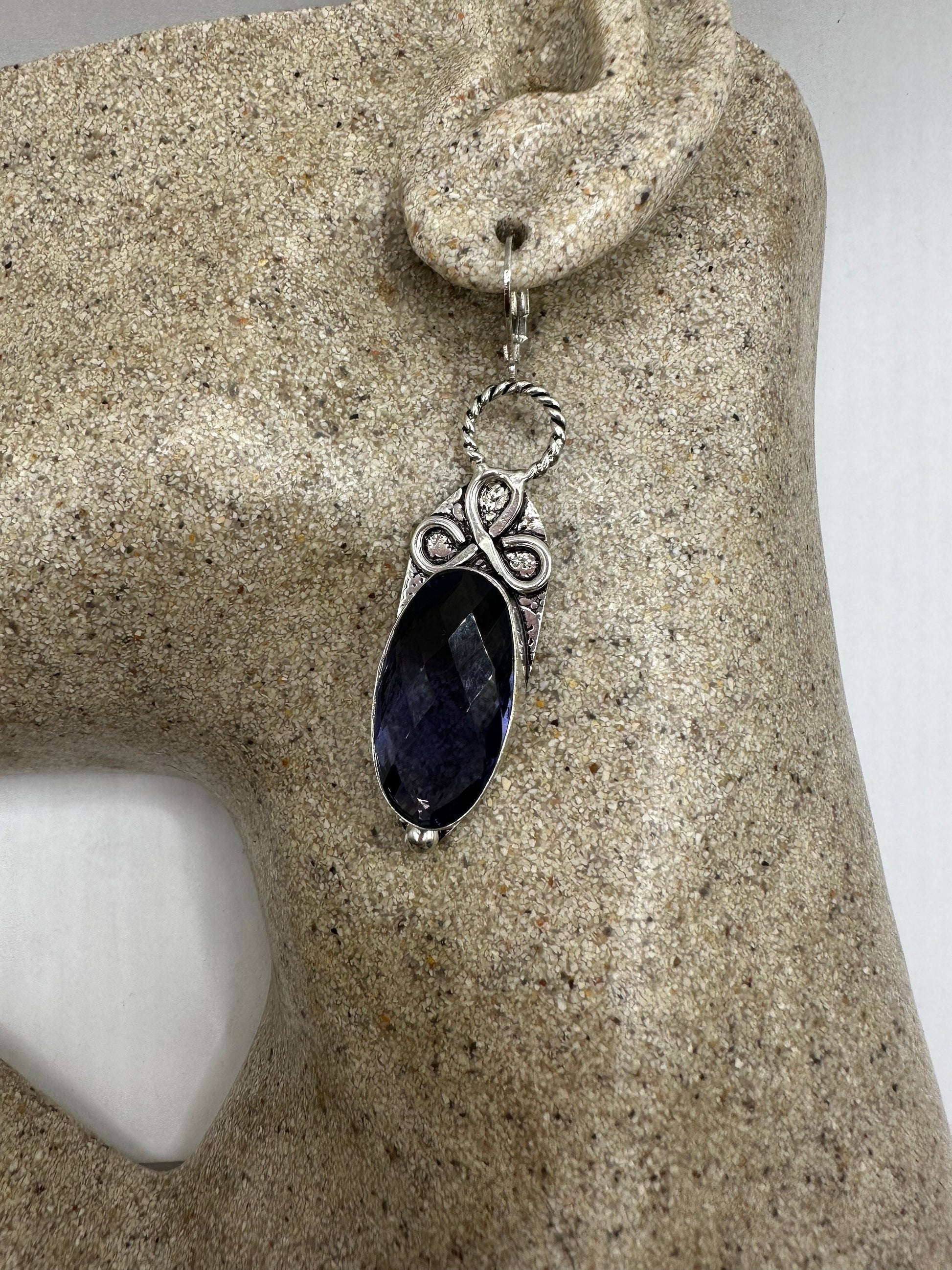 Antique Vintage Cobalt Blue Volcanic Glass Silver Dangle Earrings