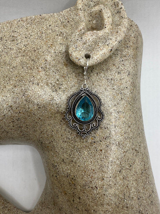 Antique Vintage Aqua Blue Volcanic Glass Silver Dangle Earrings