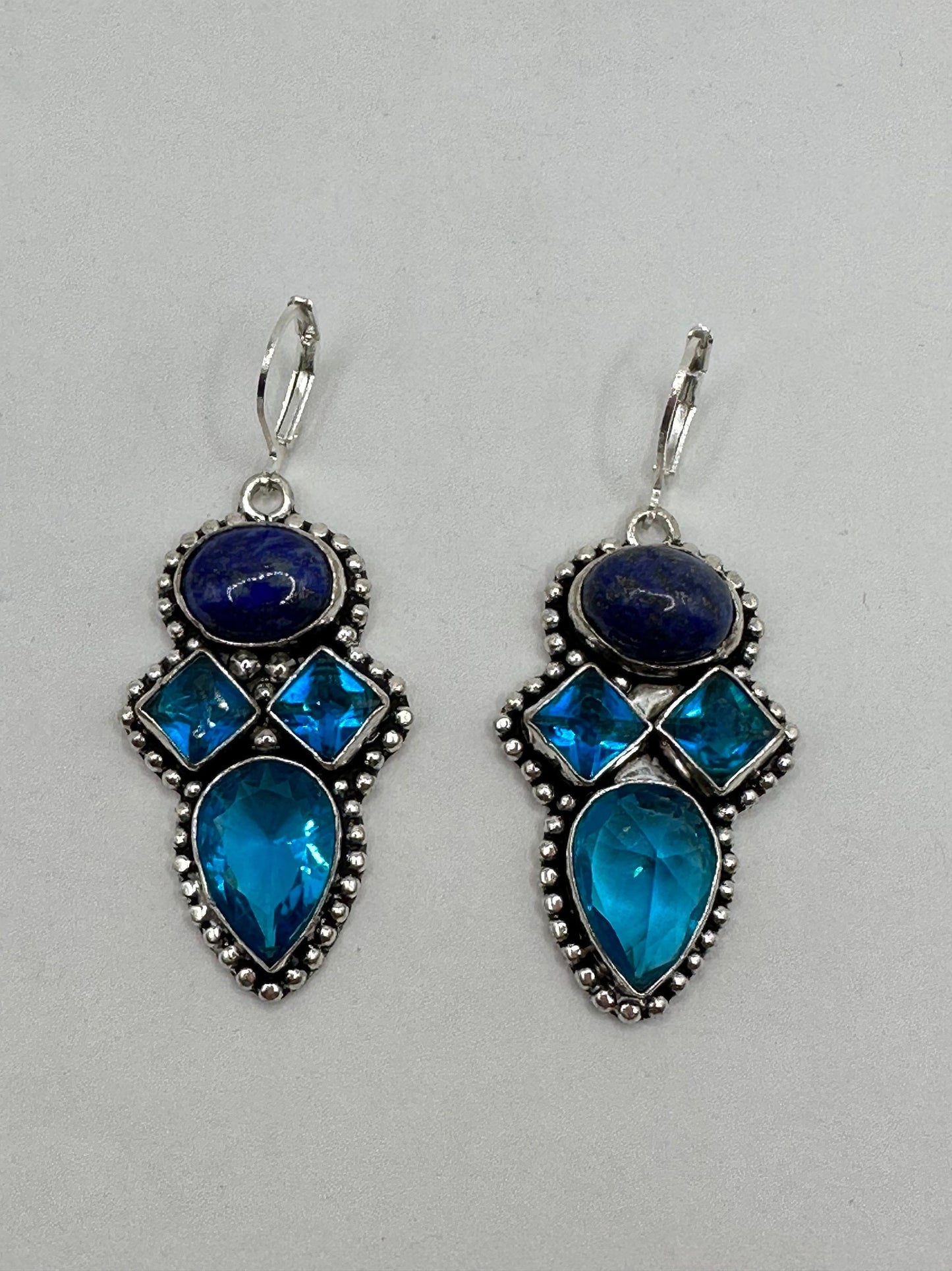 Antique Vintage Aqua Blue Volcanic Glass Silver Dangle Earrings