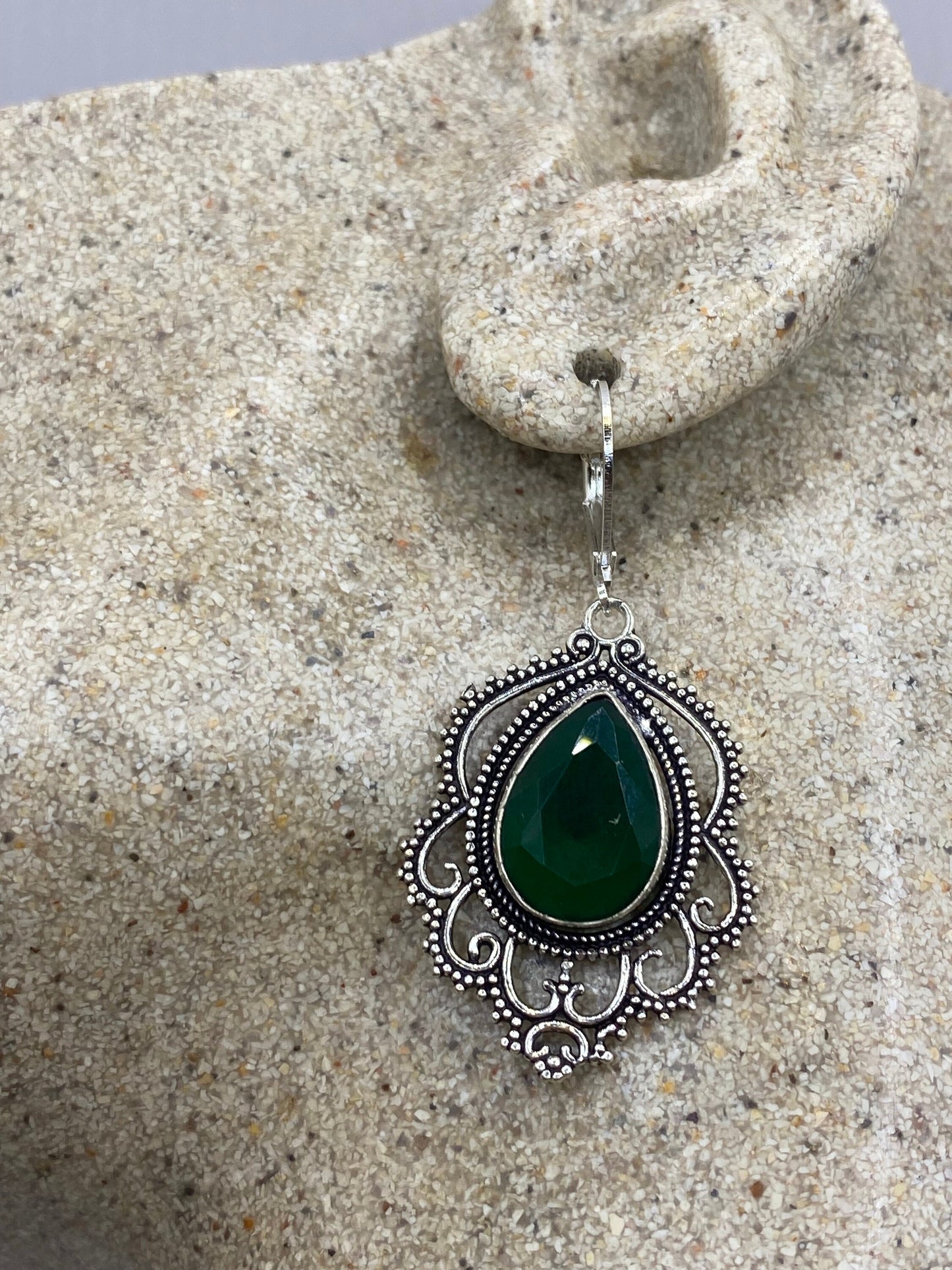 Vintage Genuine Raw Emerald Gemstone Filigree Sterling Silver Lever Back Dangle Earrings