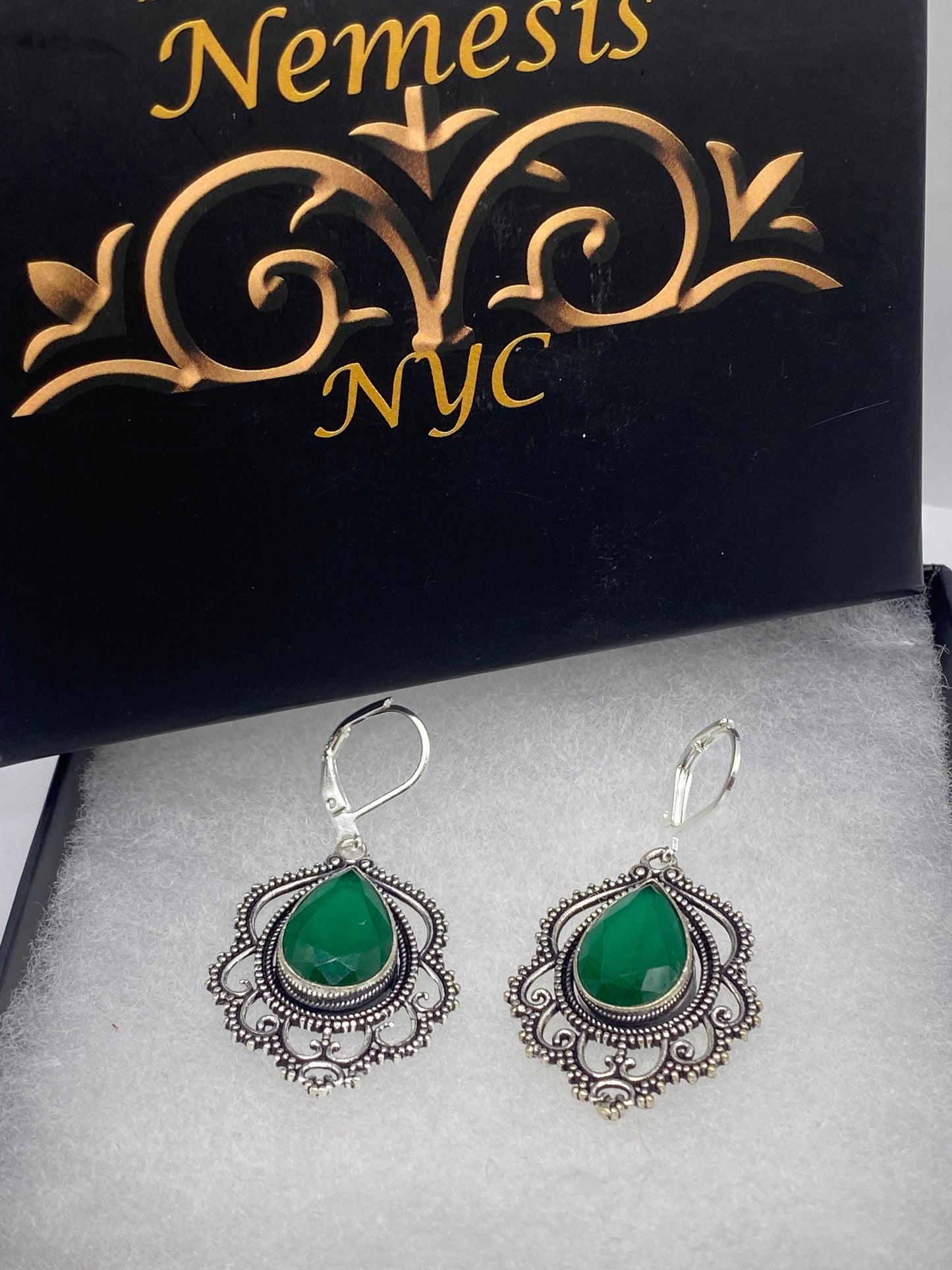 Vintage Genuine Raw Emerald Gemstone Filigree Sterling Silver Lever Back Dangle Earrings