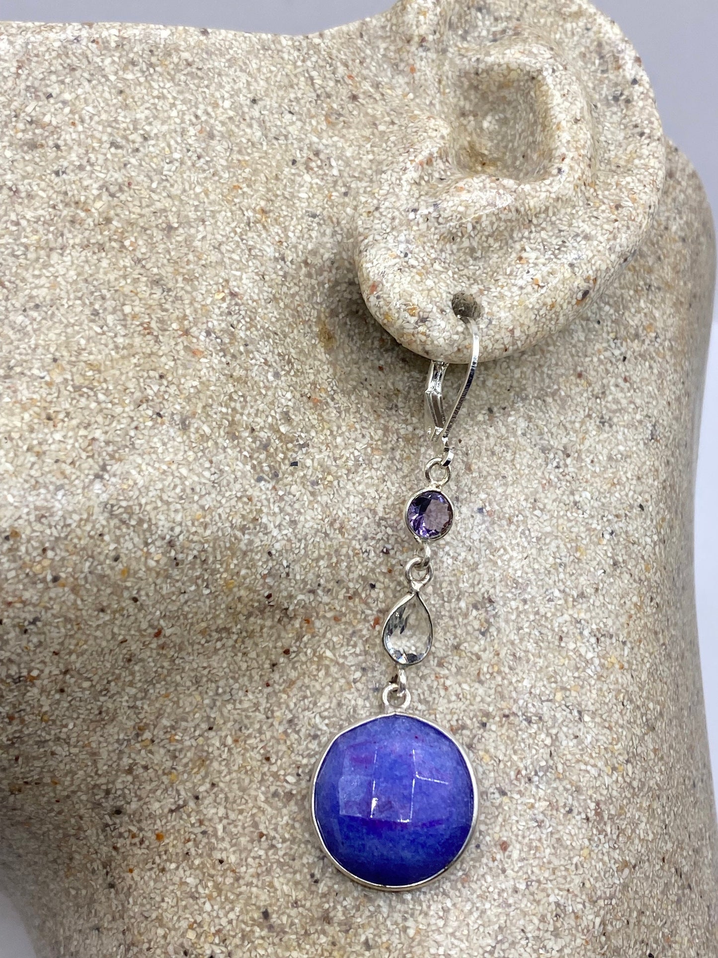 Vintage Blue Raw Sapphire Sterling Silver Lever Back Chandelier Earrings