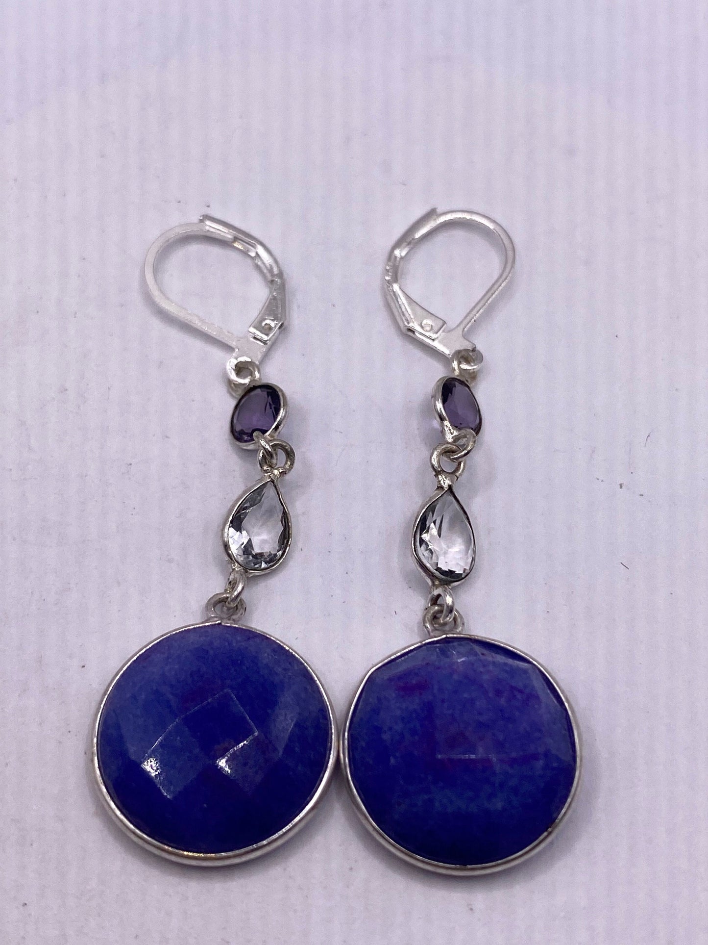 Vintage Blue Raw Sapphire Sterling Silver Lever Back Chandelier Earrings
