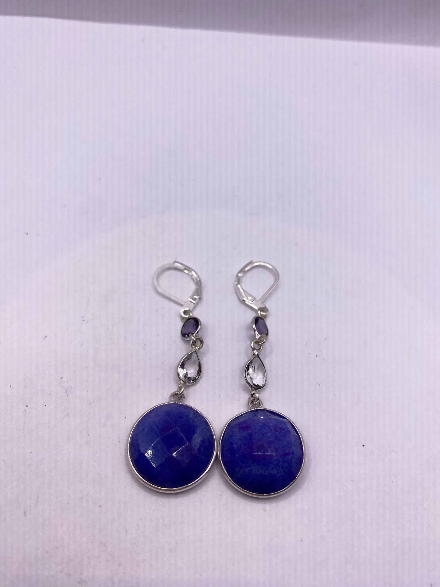 Vintage Blue Raw Sapphire Sterling Silver Lever Back Chandelier Earrings