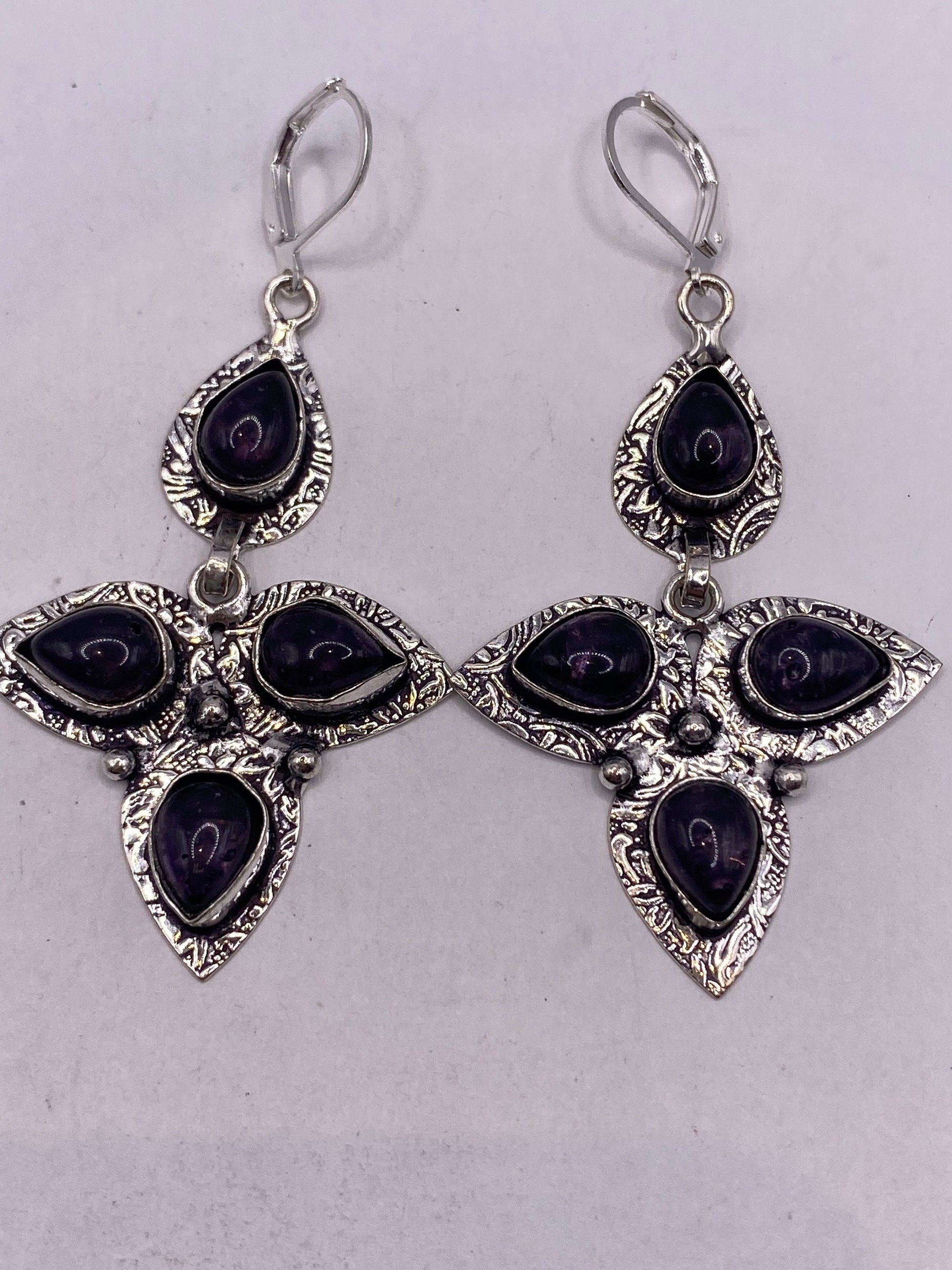 Vintage Blue Lapis Lazuli Iolite Earrings Silver Dangle