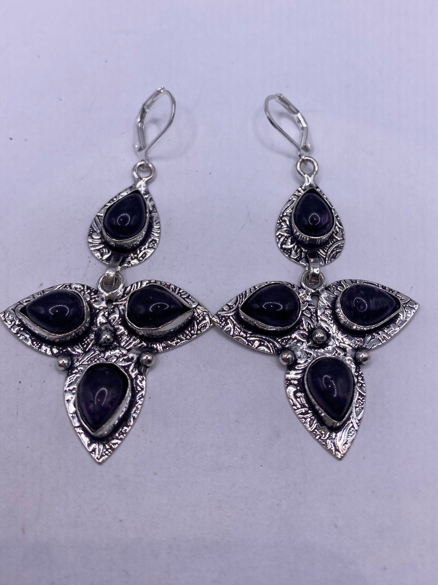 Vintage Blue Lapis Lazuli Iolite Earrings Silver Dangle