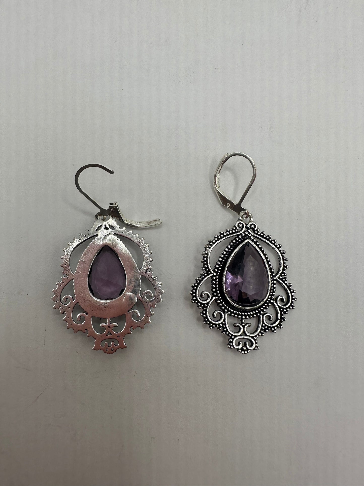 Antique Vintage Amethyst Glass Silver Dangle Earrings