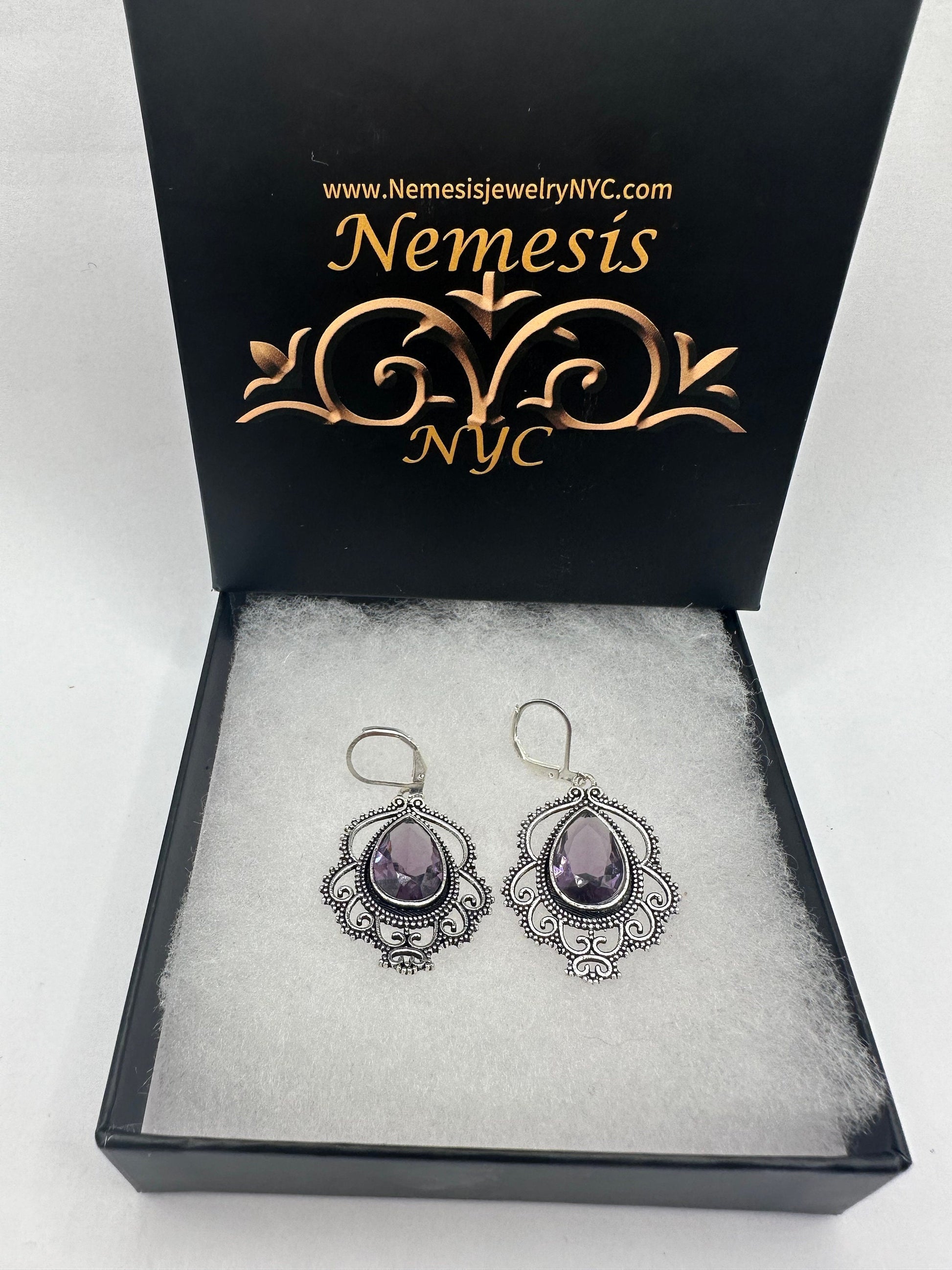 Antique Vintage Amethyst Glass Silver Dangle Earrings