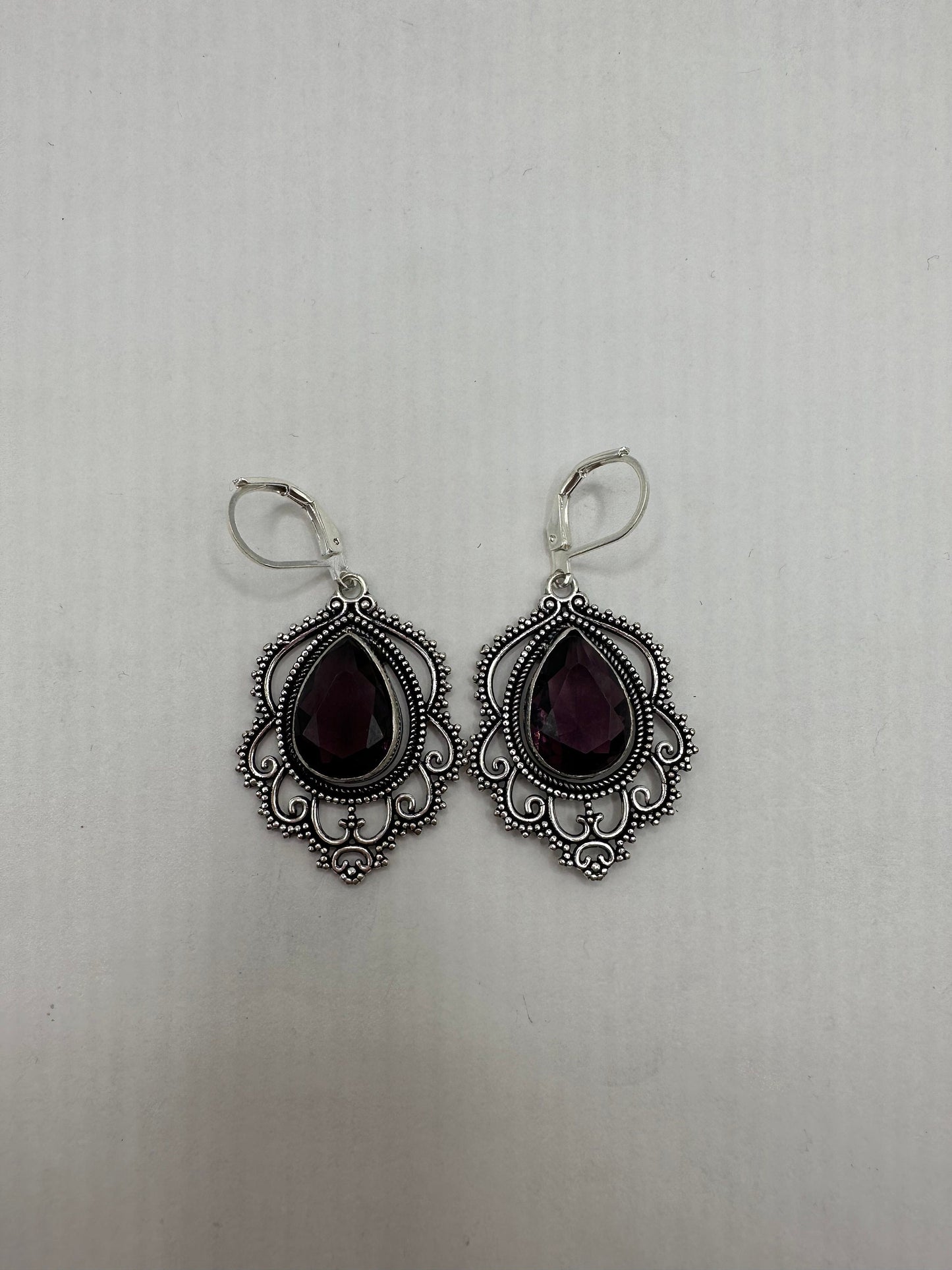 Antique Vintage Amethyst Glass Silver Dangle Earrings