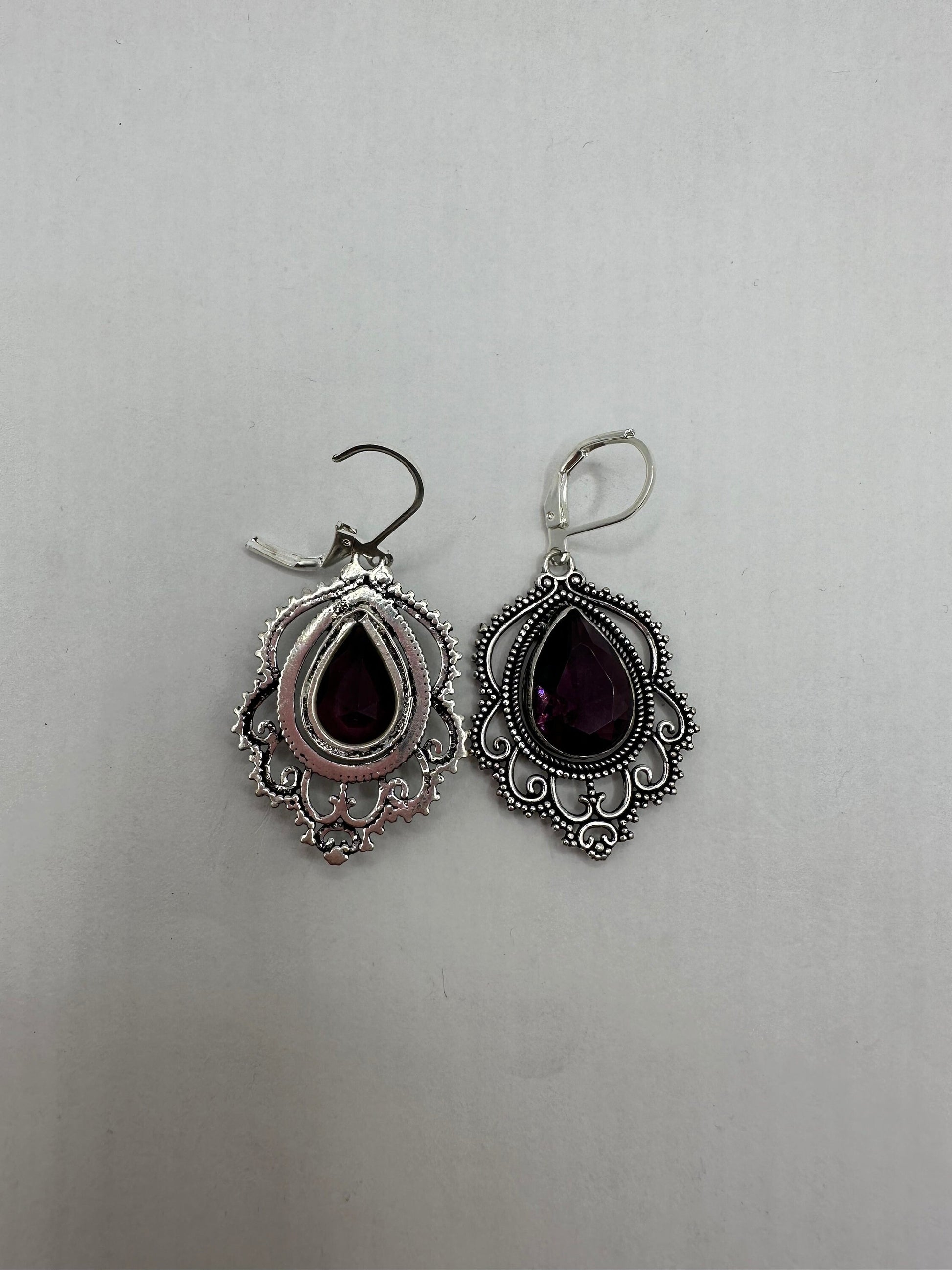 Antique Vintage Amethyst Glass Silver Dangle Earrings